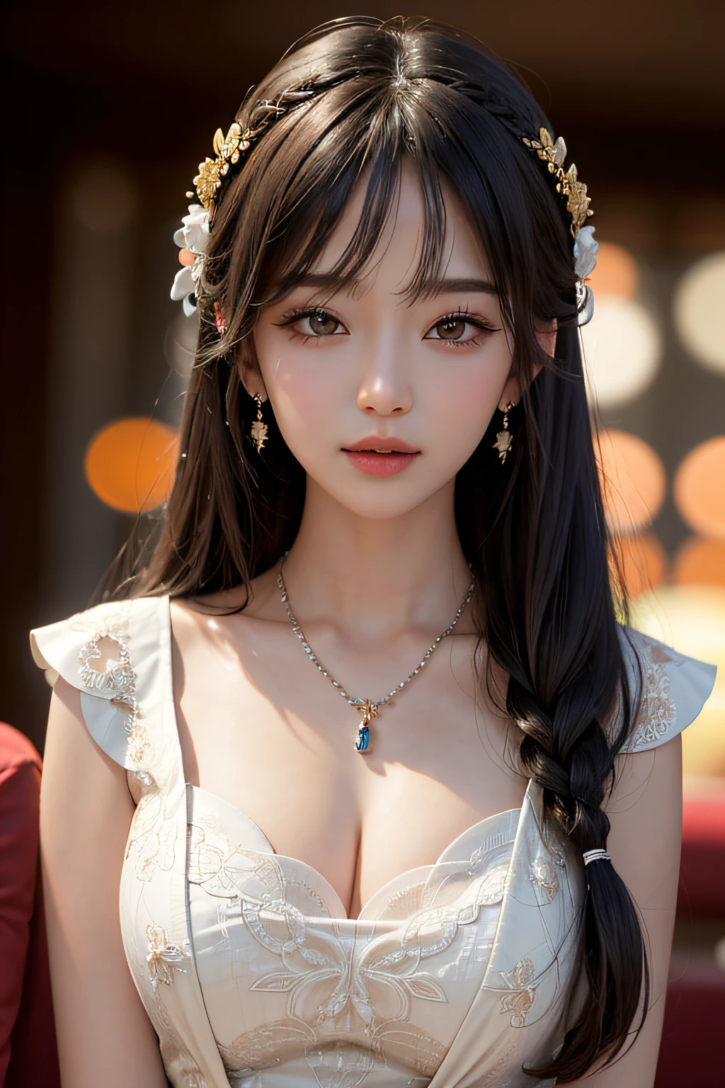 ​masterpiece、top-quality、Portrait of one girl、qipao dress、a necklace、beautiful countenance、hair adornments、a necklace、jewely、beautiful countenance、upon_body、Tindall Effect、Photorealsitic、Dark studio、Rim Lighting、two tone lighting、(high-detail skin:1.2)、8k uhd、Digital SLR, softlighting, hightquality, Volumetric lighting, Frankness, a picture, hight resolution, 4k, 8k, Bokeh,
