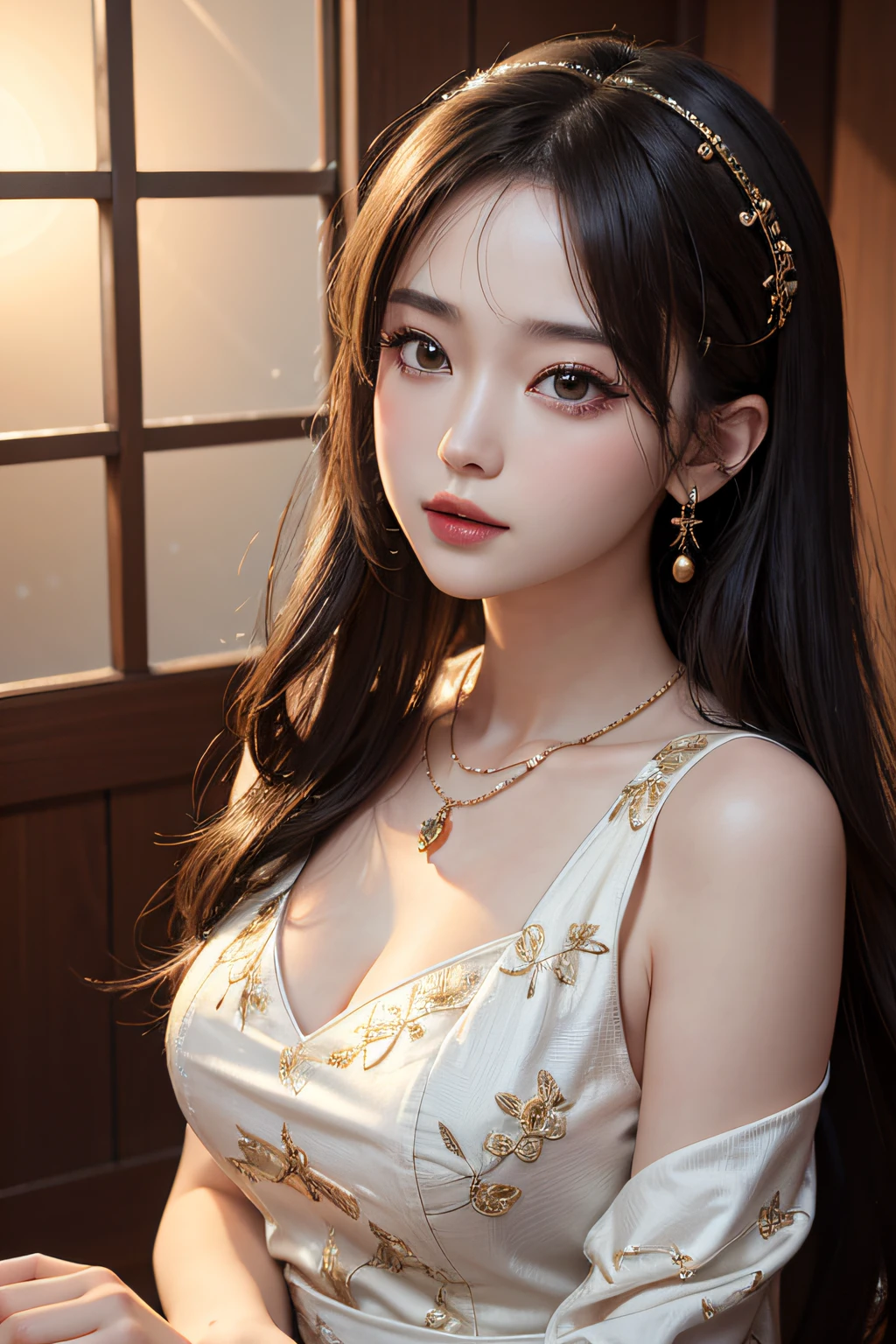 masterpiece、top-quality、Portrait of one girl、qipao dress、a necklace、beautiful countenance、hair adornments、a necklace、jewely、beautiful countenance、upon_body、Tindall Effect、Photorealsitic、Dark studio、Rim Lighting、two tone lighting、(high-detail skin:1.2)、8k uhd、Digital SLR, softlighting, hightquality, Volumetric lighting, Frankness, a picture, hight resolution, 4k, 8k, Bokeh,