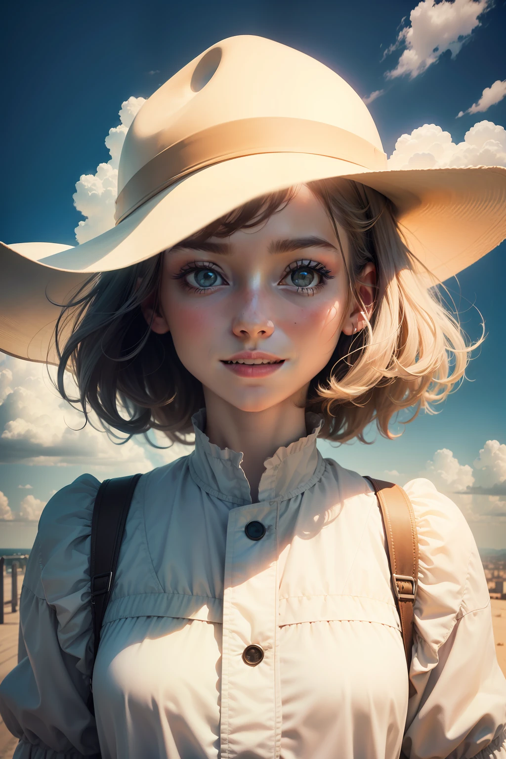 masterpiece, best quality, movie still, 1girl, floating in the sky, cloud girl, cloud, (close-up:1.1), bright, happy, fun, soft lighting, (Bauhaus, shapes, lines, abstract:1.1)