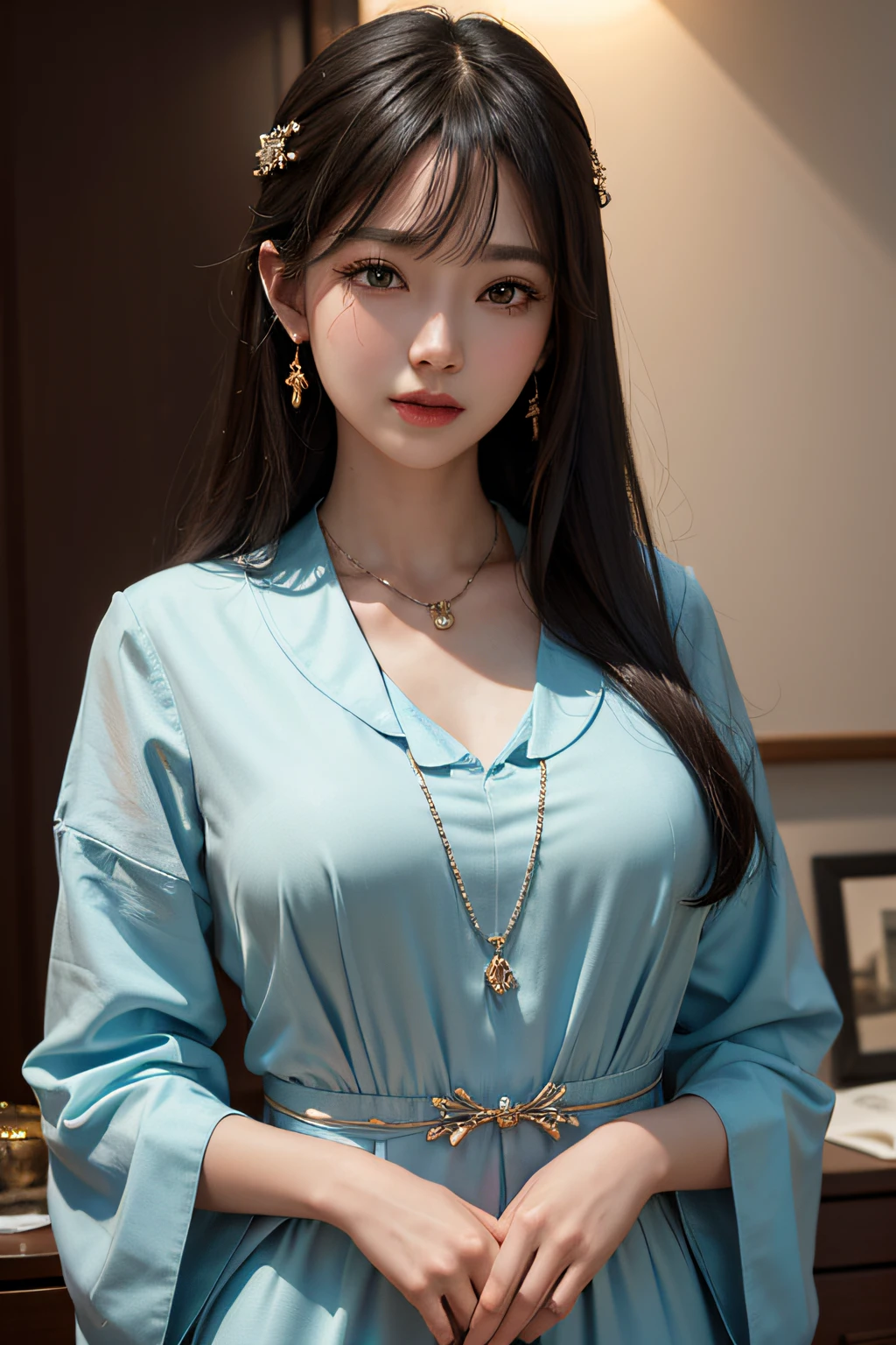 masterpiece、top-quality、Portrait of one girl、qipao dress、a necklace、beautiful countenance、hair adornments、a necklace、jewely、beautiful countenance、upon_body、Tindall Effect、Photorealsitic、Dark studio、Rim Lighting、two tone lighting、(high-detail skin:1.2)、8k uhd、Digital SLR, softlighting, hightquality, Volumetric lighting, Frankness, a picture, hight resolution, 4k, 8k, Bokeh,
