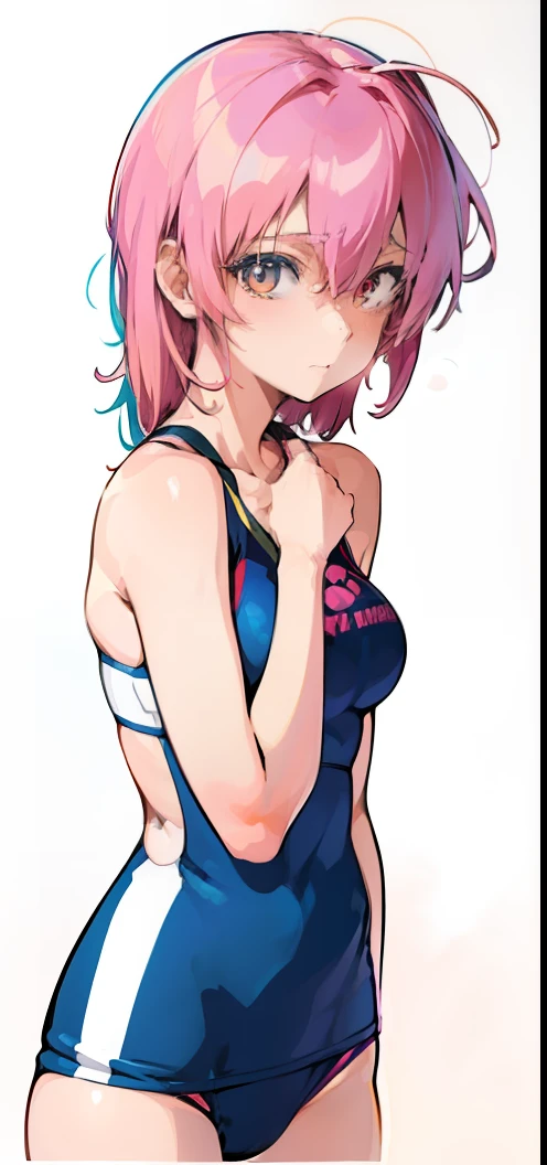 Anime girl posing for photo with pink hair and blue swimsuit, Misato Katsuragi, Gainax anime style, gainax, juri misaki, Rei Hiroe, Anime girl named Lucy, studio gainax art, aya takano color style, Rei Ayanami, Aya Takano, Fubuki, Anime Character, studio gainax