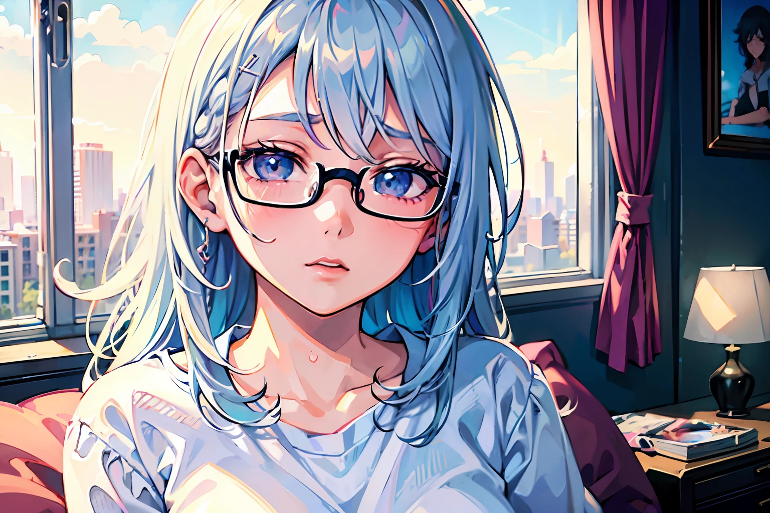 a college girl with glasses sitting on the bed, white dyed hair, white shirt, b cup boobs, tired, girl bedroom, alone, lofi portrait, digital anime illustration, detailed digital anime art, anime portrait, anime moe artstyle, realistic anime art style, anime realism style, semirealistic anime style, anime character portrait, high quality anime artstyle