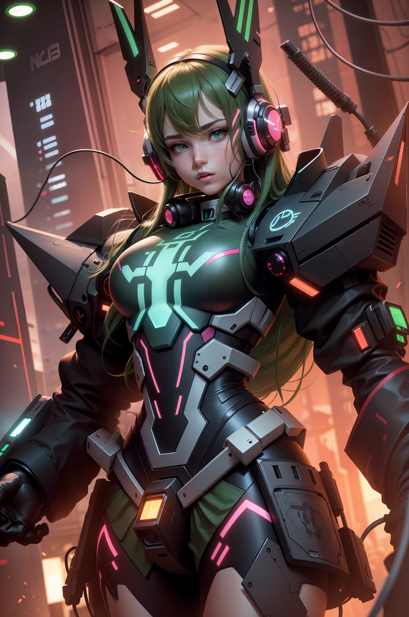 Female, girl, 3d, long hair, green hair, pretty, human face, headphone, Gundam, cyberpunk , neon, chest armor, furure mask mouth, glossy