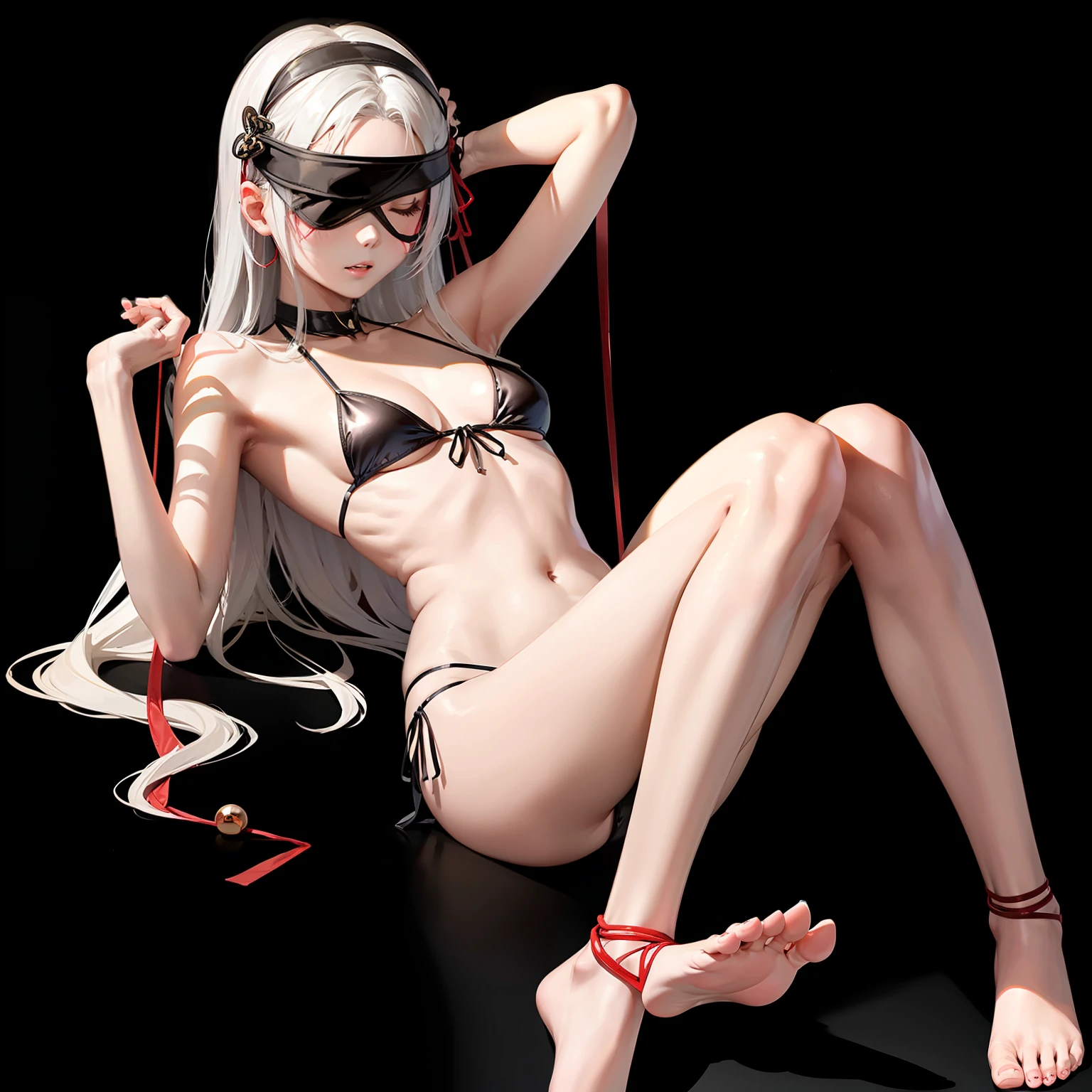 Blindfolded maiden,metallic bikini,Red strings bind hands and feet,锁链,Lie flat