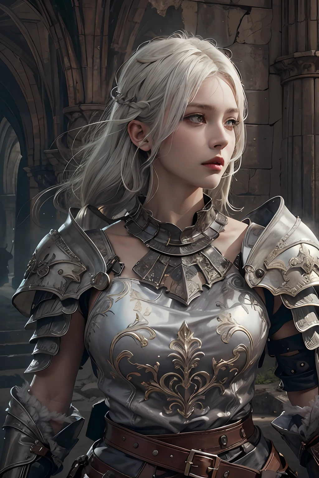 photorealistic, high resolution, 1women, solo, hips up, look at viewer, (detailed face), white hair, medieval armor, dark souls style, fighting with boss, jewelry