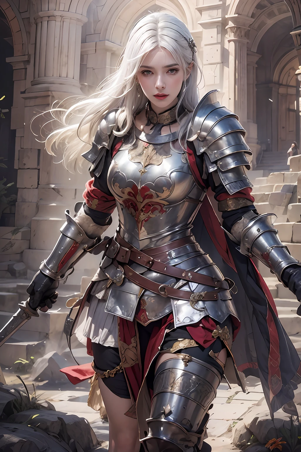 photorealistic, high resolution, 1women, solo, hips up, look at viewer, (detailed face), white hair, medieval armor, dark souls style, fighting with boss, jewelry