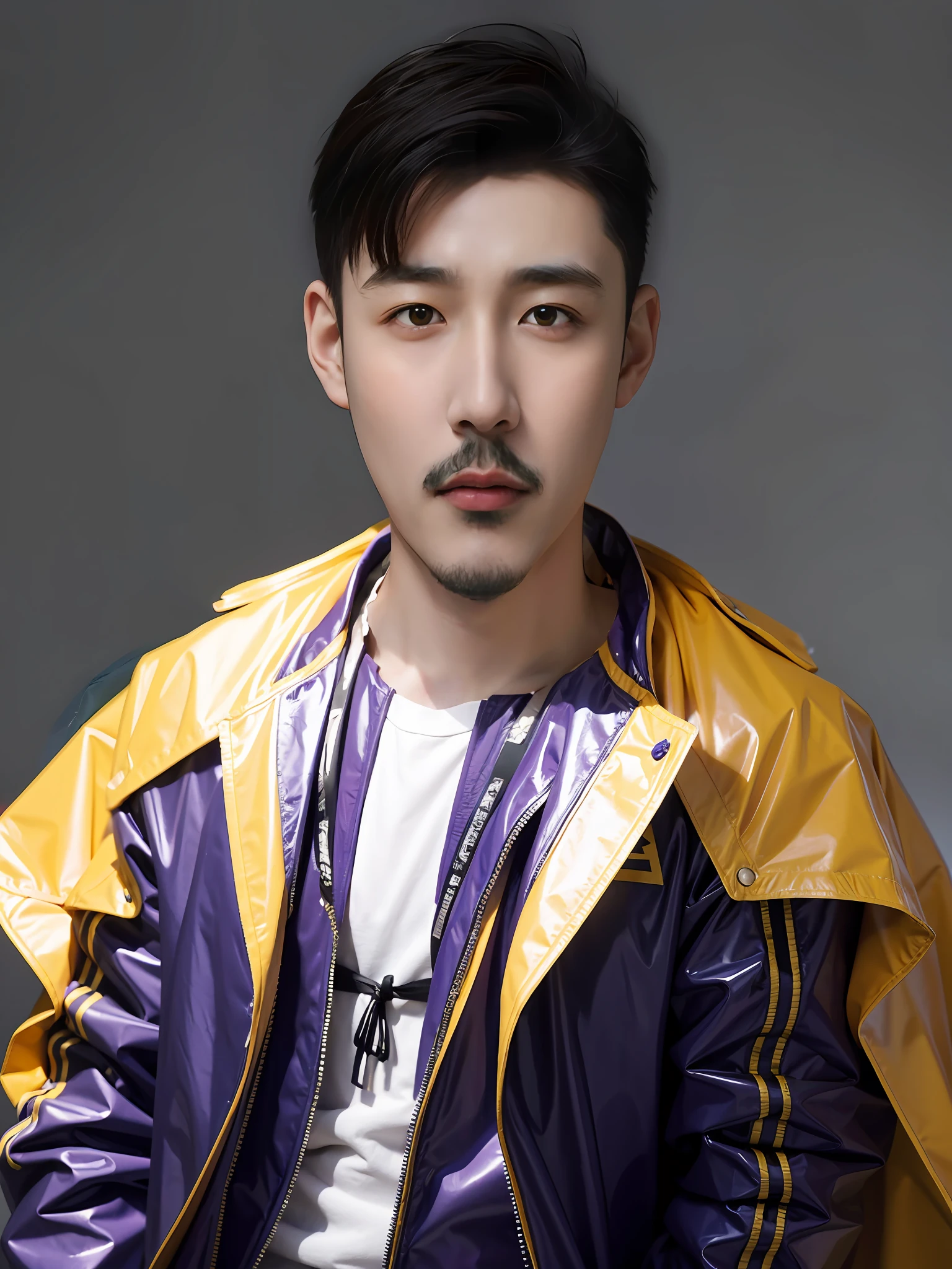 A Chinese male high school student，Wearing a PVC purple raincoat。wearing hat