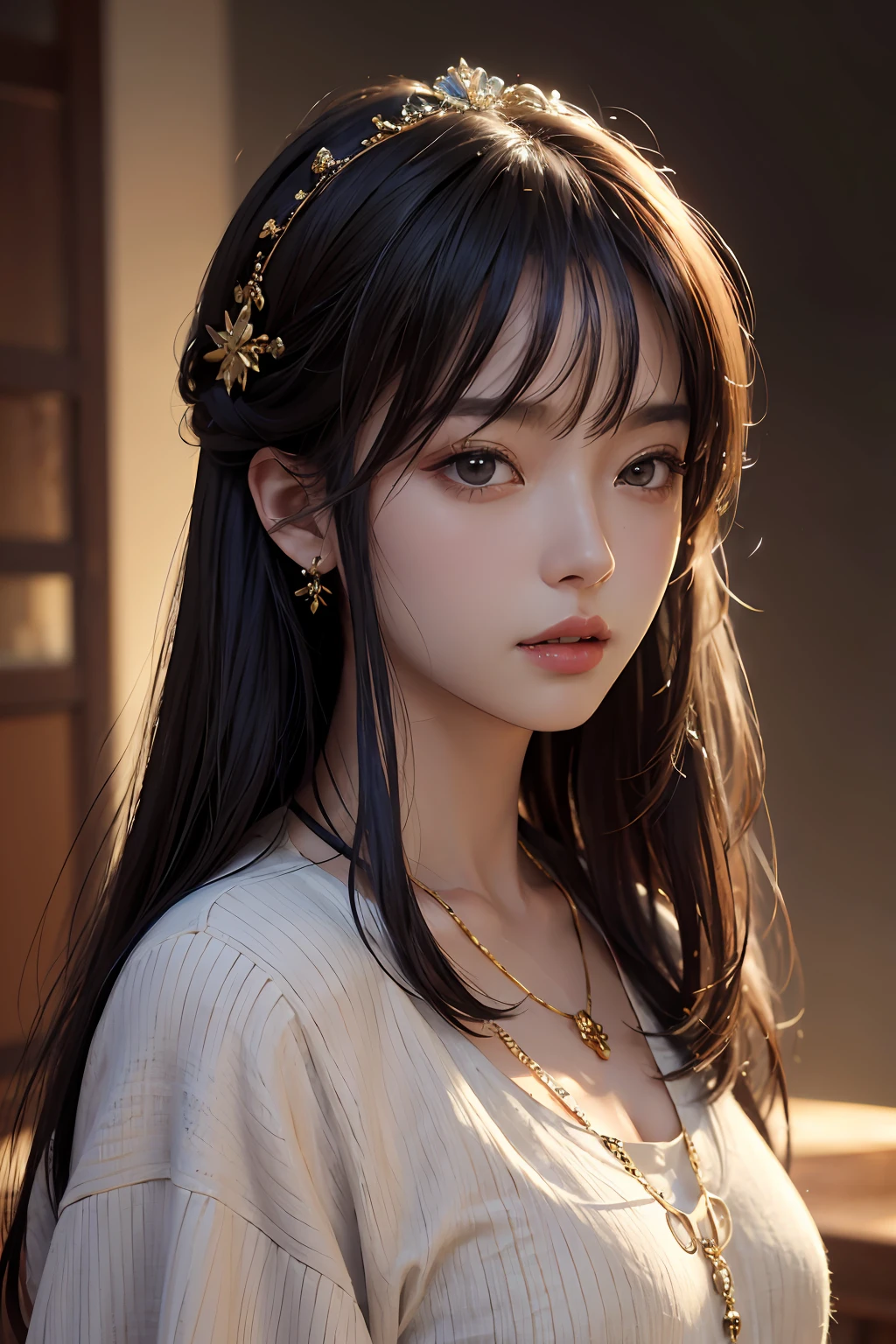 ​masterpiece、top-quality、Portrait of one girl、hair adornments、a necklace、jewely、beautiful countenance、upon_body、Tindall Effect、Photorealsitic、Dark studio、Rim Lighting、two tone lighting、(high-detail skin:1.2)、8k uhd、Digital SLR, softlighting, hightquality, Volumetric lighting, Frankness, a picture, hight resolution, 4k, 8k,