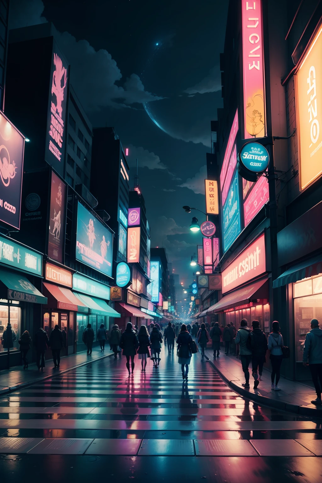 The zebra crossing spans the entire neon advertising street，the night，Fairy tale book illustration style，dream magical，Not too many people