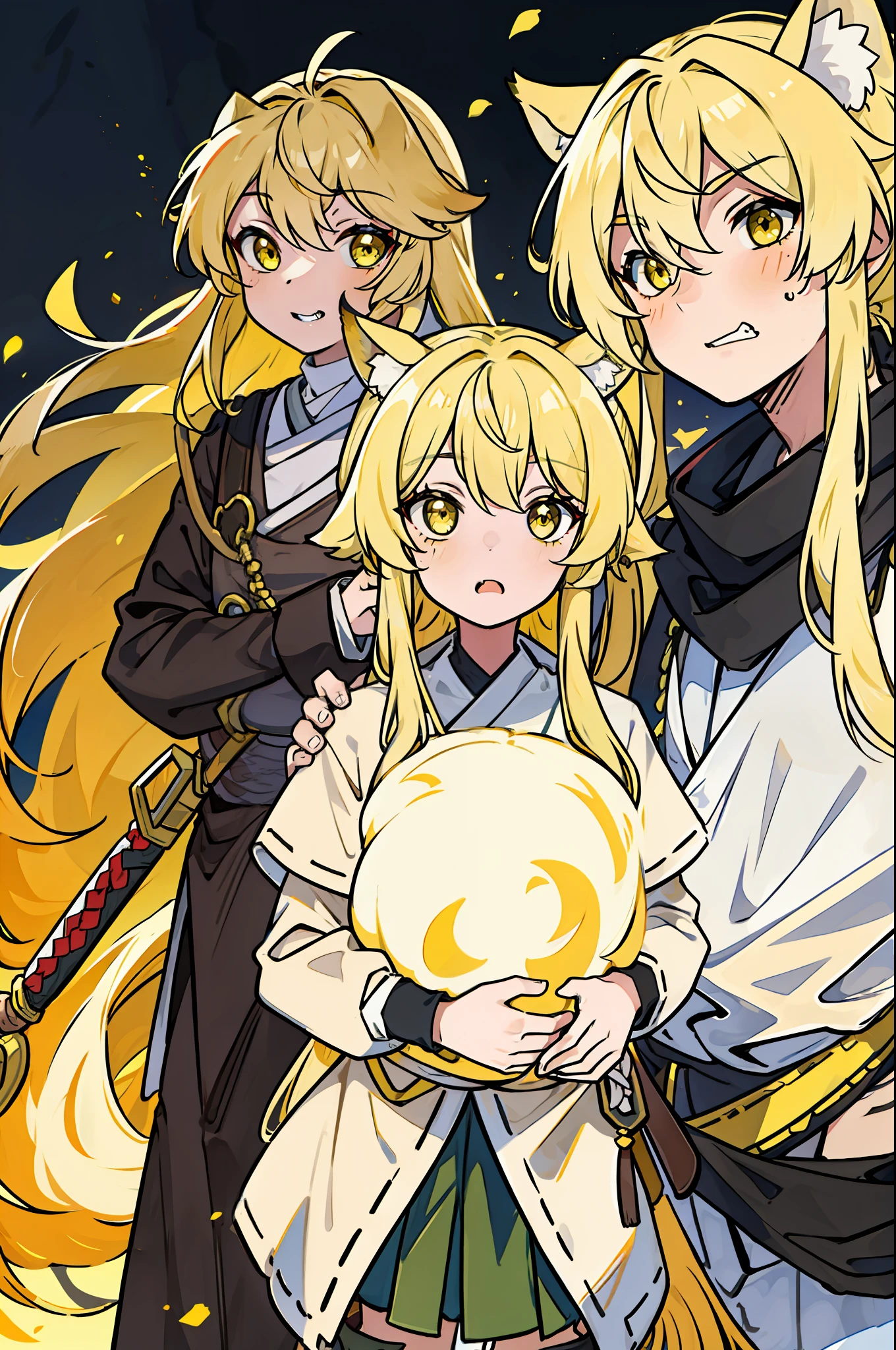 Kizi,Wolf ears,Hair covers the left eye,Brownish-yellow hair,dual horsetail,Heteropupil