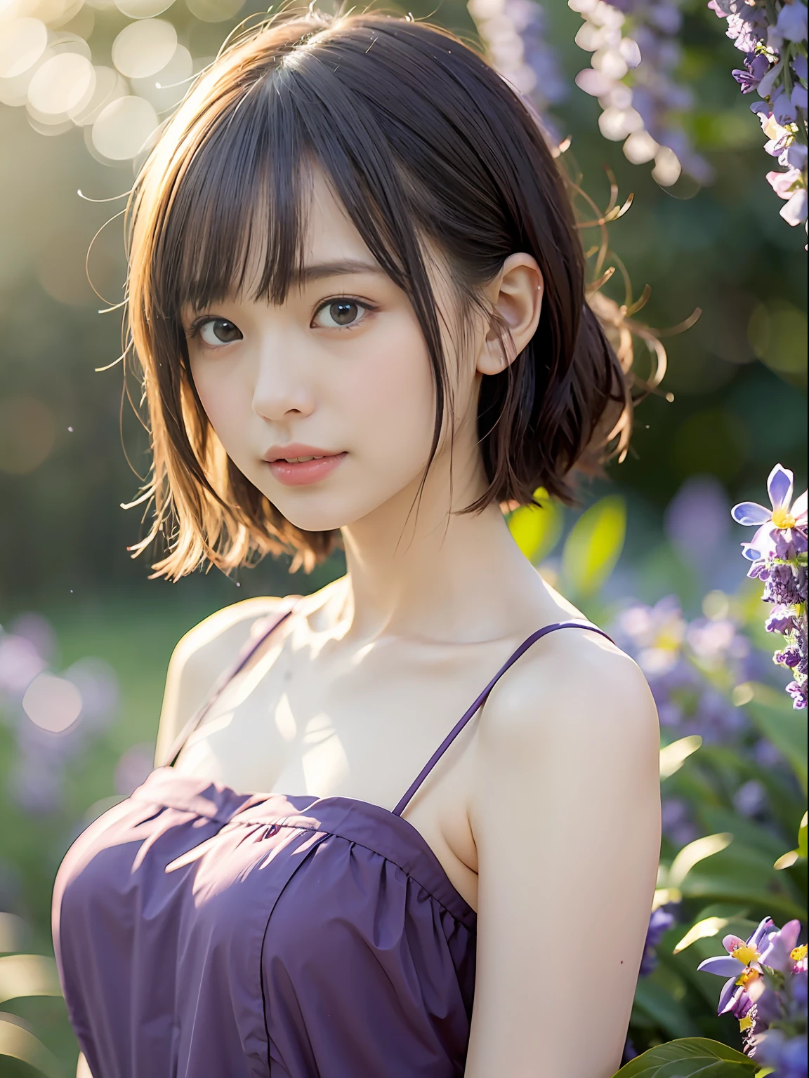 (((fully body photo)))), ((Single Eyelids))),((Sunset backlight))),(lens flare glow)),(Wear classical clothing)),(Super Soft Focus)))))), ssmile, (Configuration file)))), (Upp)), at twilight, Showers, Colorful lavender on background, Surrounded by lavender flowers, Take lavender, for example((pastel sunset)), (yinchuan:1.5), tmasterpiece, best qualtiy, RAW photogr, Photorealsitic, the face, beuaty girl, adolable, short detailed hair, ((((depth of fields)))), A high resolution, Hyper-detailing, finedetail, Very detailed, cinmatic lighting