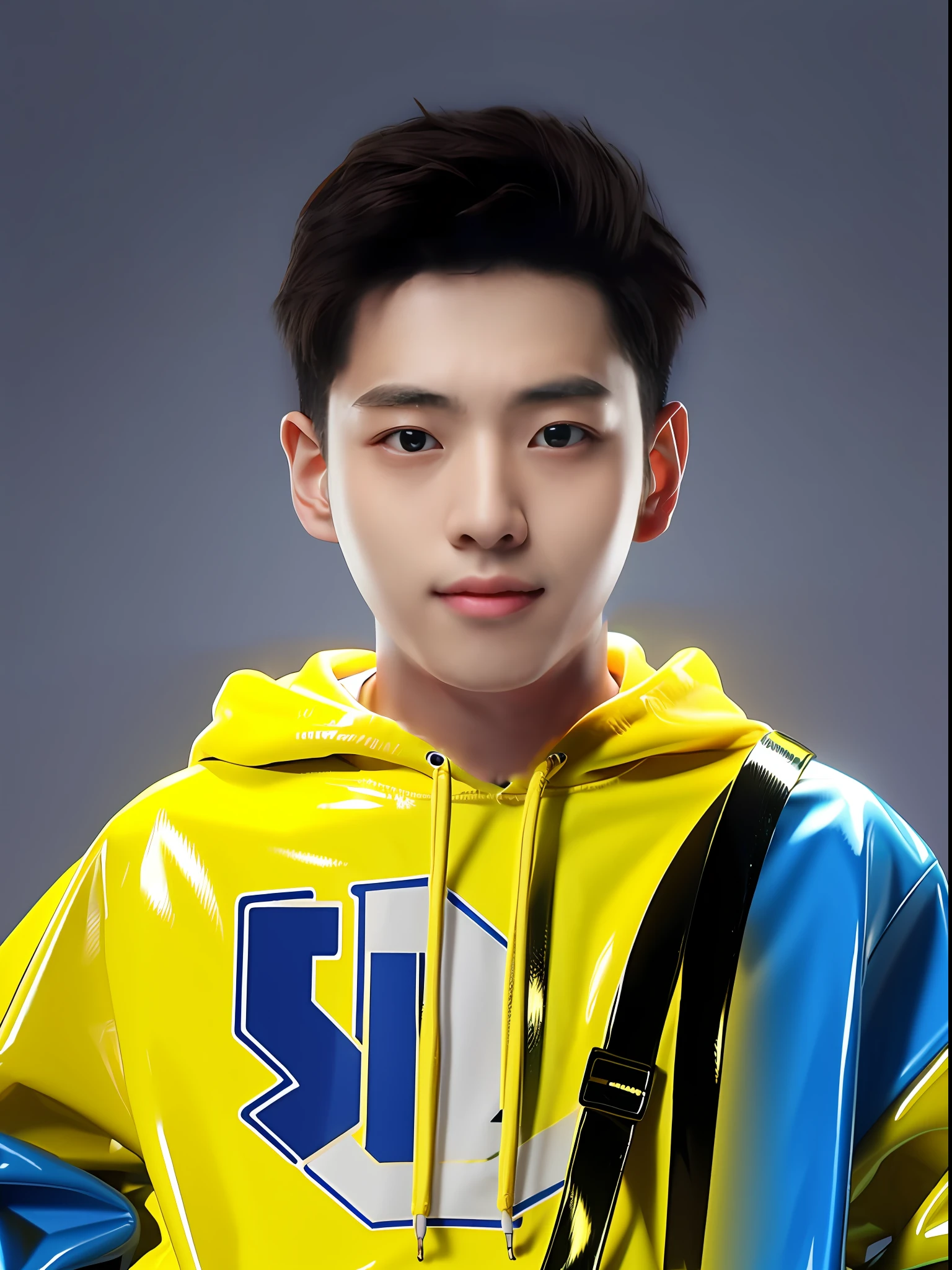 A Chinese male high school student，Wearing a yellow PVC sweatshirt，Powerful 3D effects