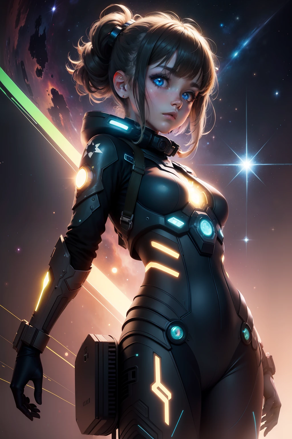 girl,radioactive glow,abstract art,character focus,eyes with reflection,starry sky,galaxies