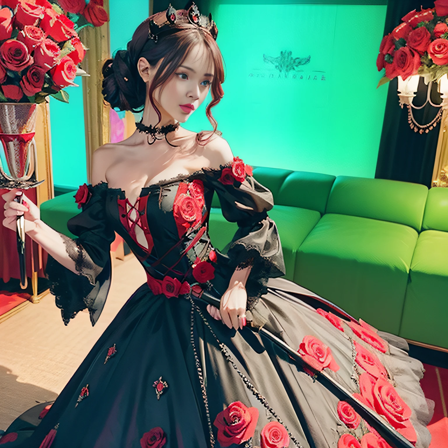 Rose Princess,Gothic dresses,The color scheme of red and black of the clothing,The costume has rose design elements,There is a rose perspective on the head,There are rose design elements on the shoulders,Holding a rose scepter