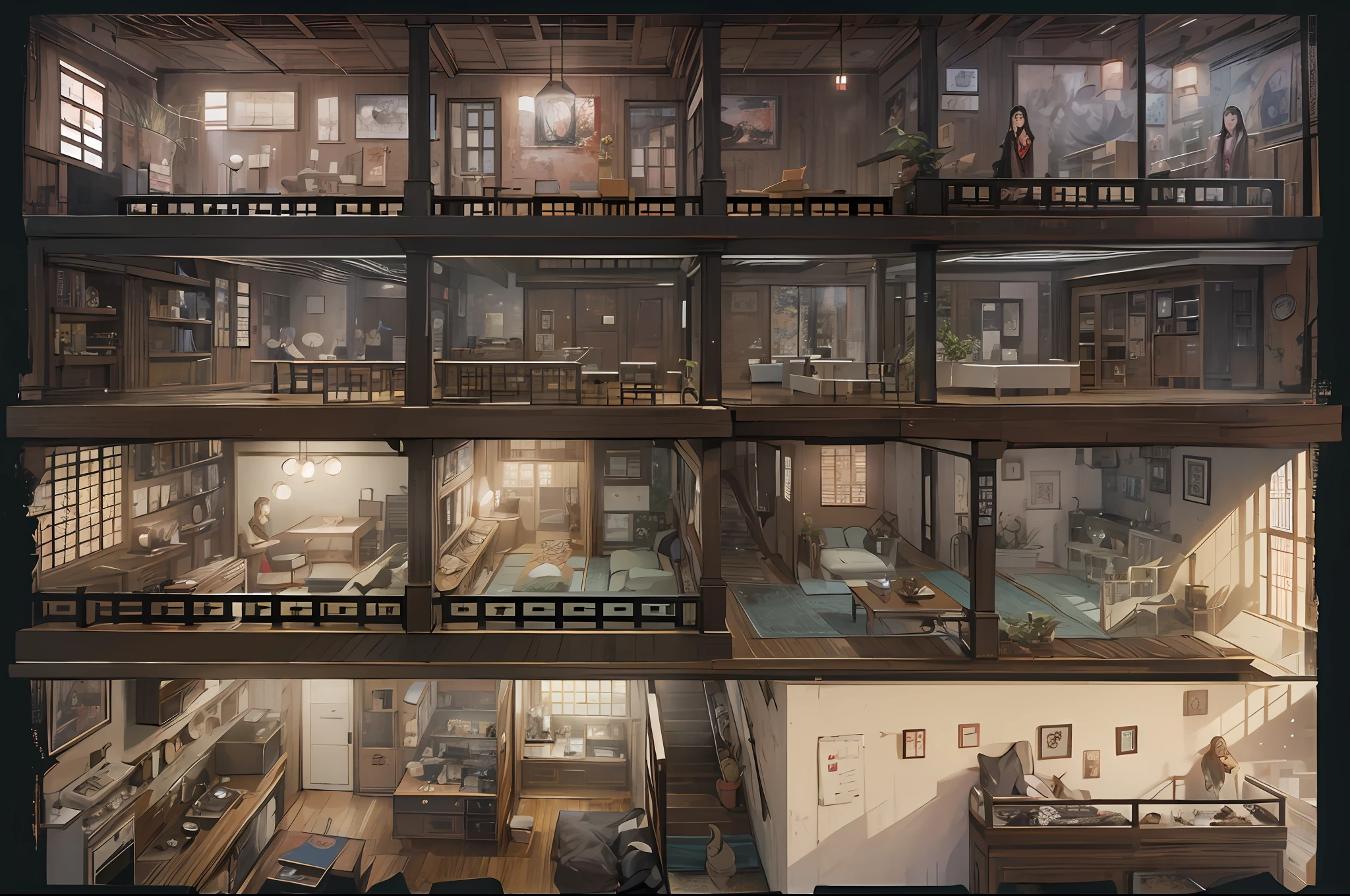 profile view（Interior of a four-story building）、Multiple rooms are neatly arranged，Chinese horror style（Supernatural horror），（Conceptual digital art，The is very detailed，reasonable design，Clear lines，k hd，The best quality，tmasterpiece，超高分辨率，4K）