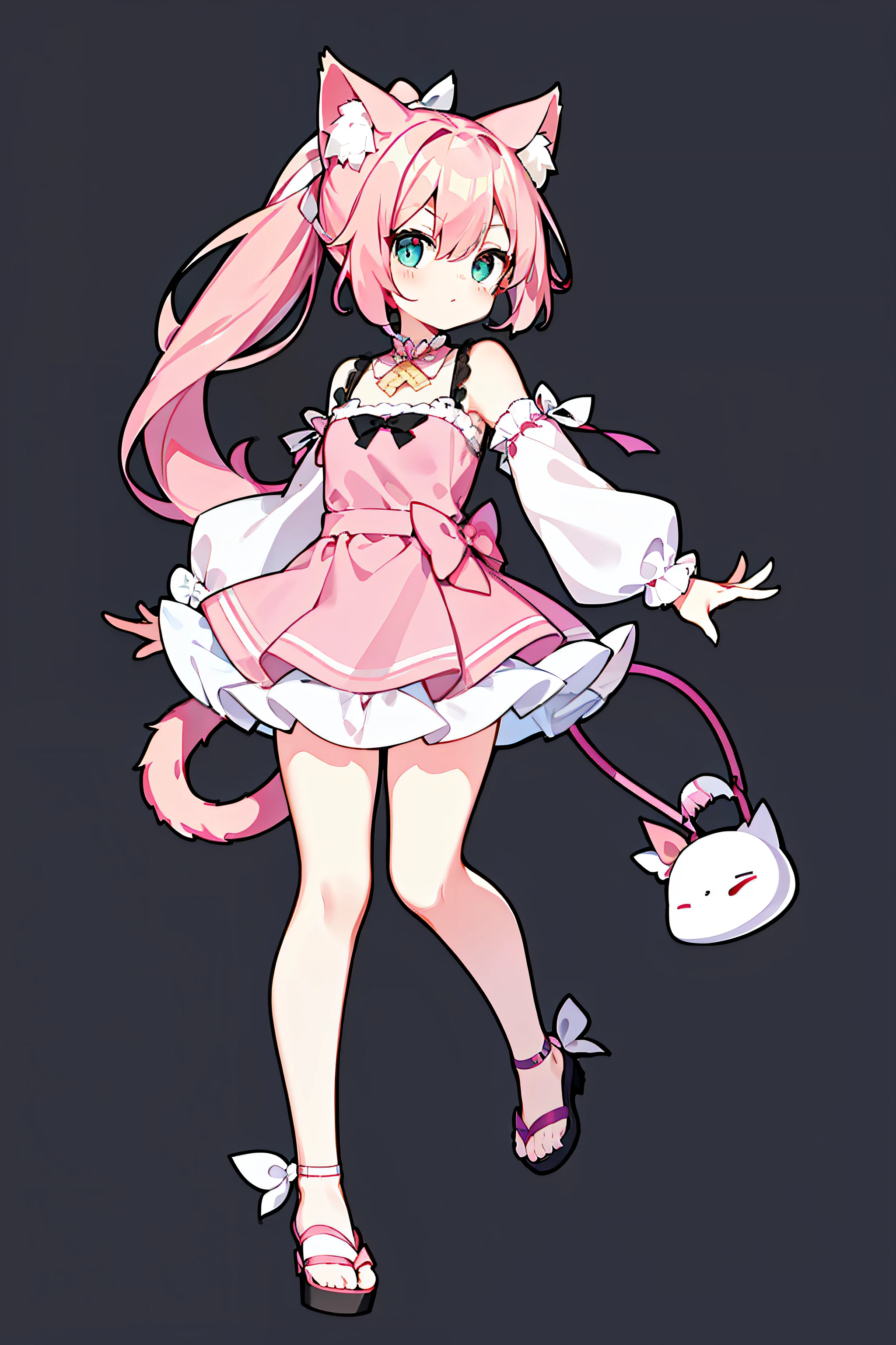 Chattotori, 1girll, pink sleeve, 独奏,Cat ears, Long ponytail,Gorgeous cake dress, full bodyesbian,adolable, a skirt, looking at viewert, shift dresses, exposed bare shoulders, Bare legs, Beautiful detailed eyes, Be red in the face, standing on your feet, 鎖骨, No shoulder strap, bucket-hat, Footwear, leges, frilld, flatchest, short skirt, Bow knot, longer sleeves, arms at sides, beatiful background,