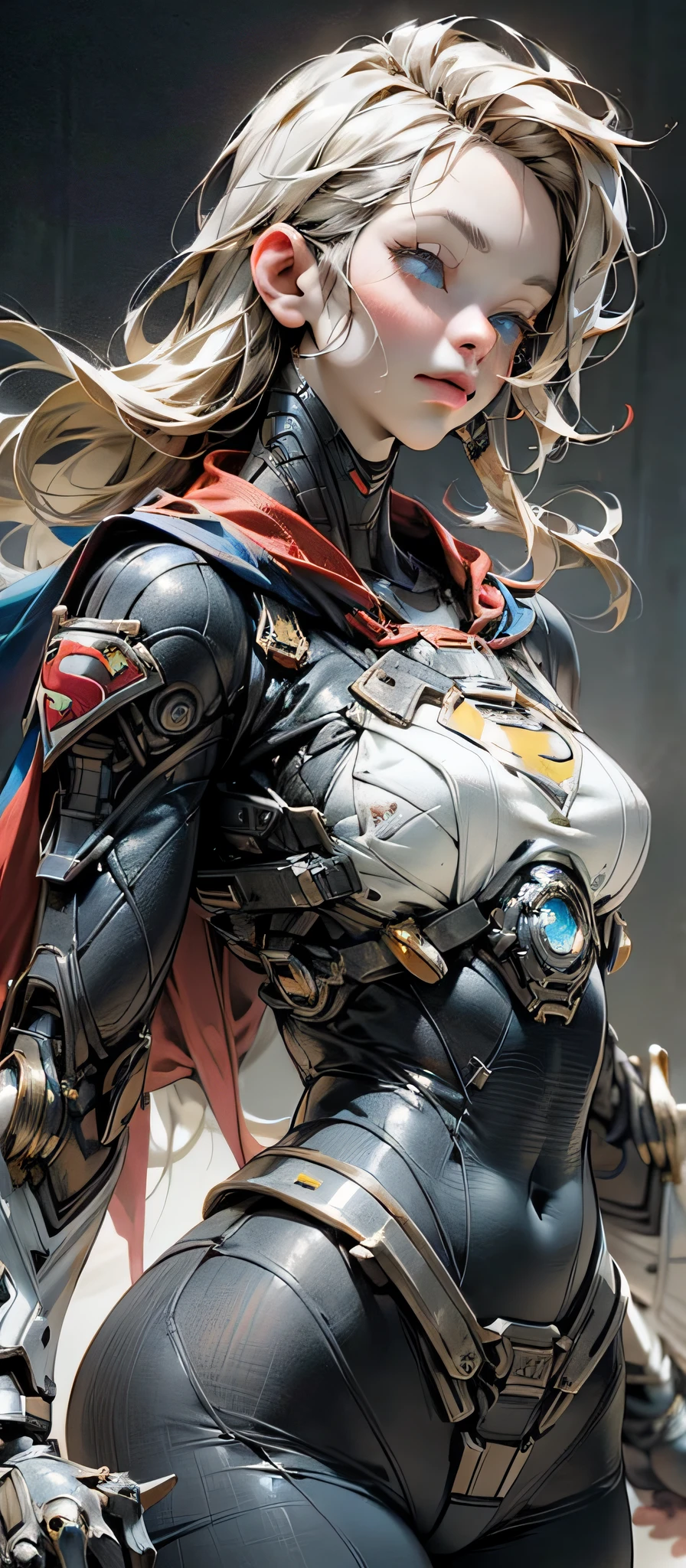 Supergirl, best quality, film, official art, sand, natural advertising art, movie wallpaper, very detailed CG uniform 4k wallpaper, intricate details, white background, upper body, facial focus, full body, concept art, making art, ( , high resolution, (realistic, photorealistic: 1.2), physically based rendering, mechanics, reflection, realism, cyberpunk, symmetry front view closeup avatar eyes symmetry face very sharp realistic focus awarded mask painting film light 1, wick, (illustration: 1.1), thin, fair skinned, delicate face, king robe, glow, pantyhose, (long blonde hair), blue eyes, supernan symbol S on the chest, battlefield, chip, glow, sword, s of superman on the chest.