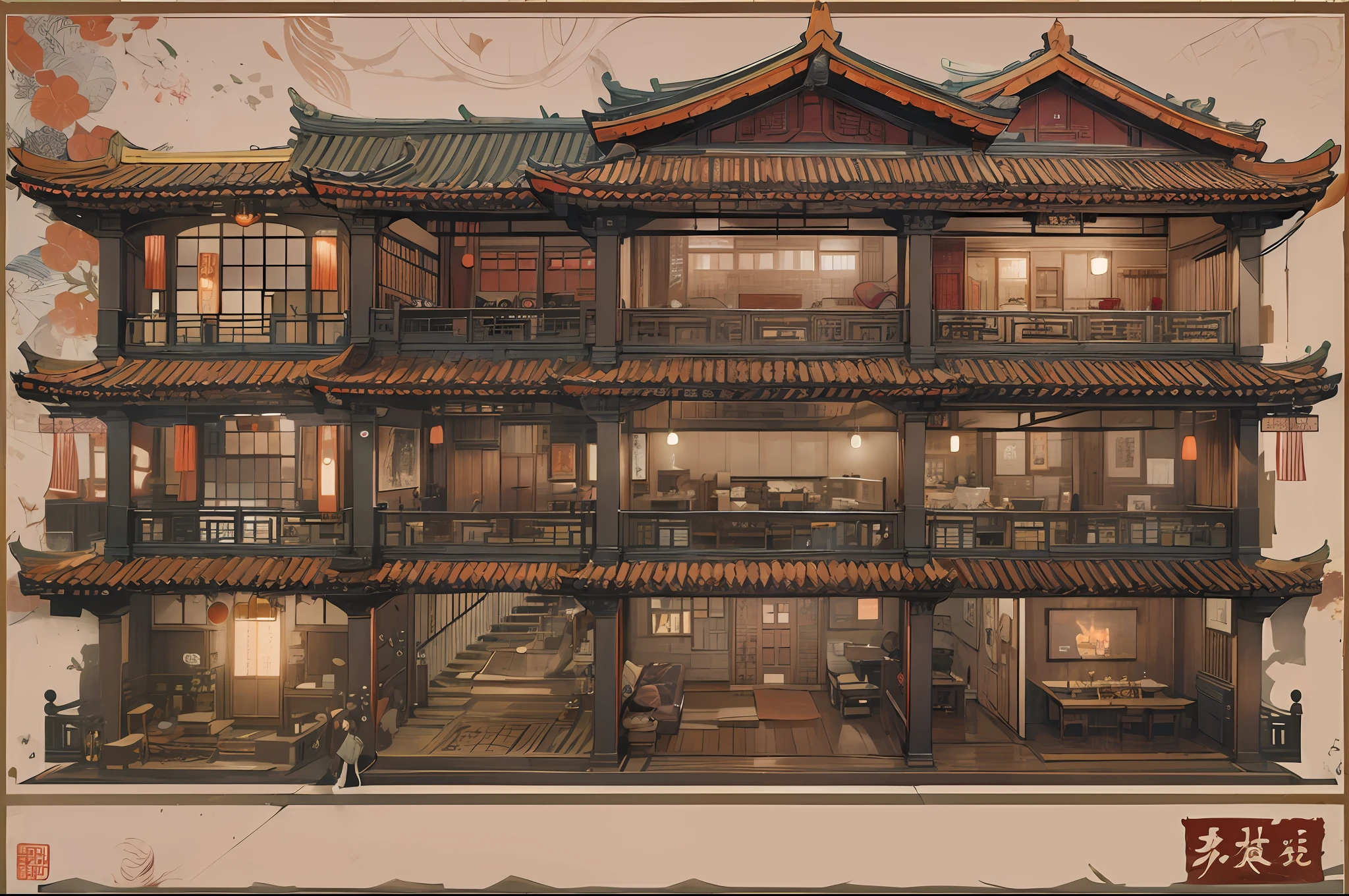 profile view(Interior of a four-story building)、Multiple rooms are neatly arranged,Chinese horror style(Supernatural horror),(Conceptual digital art,The is very detailed,reasonable design,Clear lines,k hd,The best quality,tmasterpiece,超高分辨率,4K)