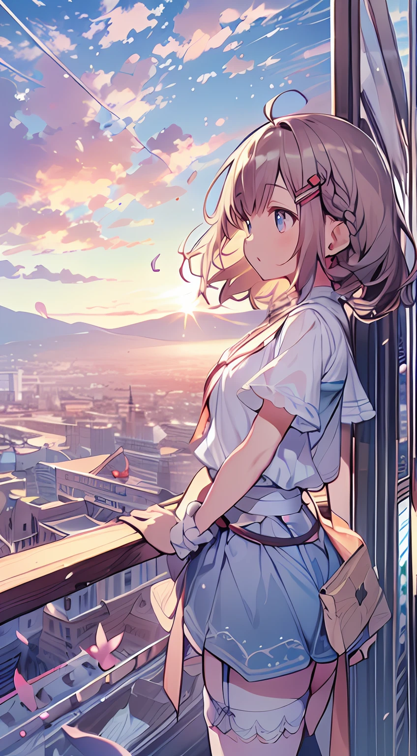 masutepiece, Best Quality,Illustration, Wallpaper, Ultra Detail, absurderes, 1little girl、 Solo, (Medium short hair、short braided hair), Beautiful ultra-detailed eyes , Hair fluttering in the wind、:o、 Beautiful sky、(a panoramic view:1.5)