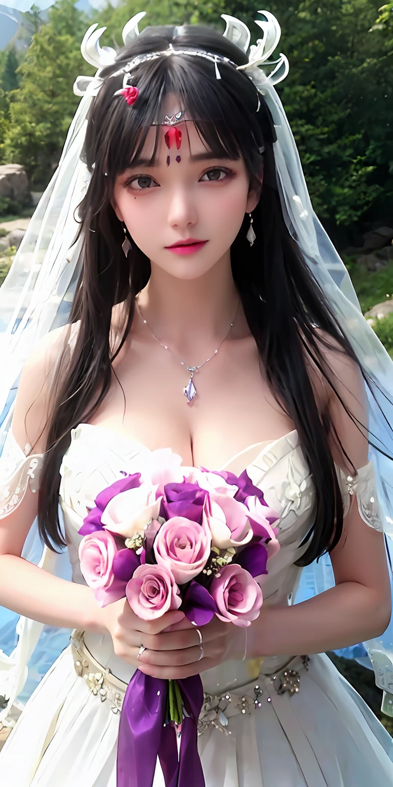 Beautiful bride,Wearing a very beautiful bridal dress,huge tit, Bust photo, (Bandeau wedding dress:1.5),(Silk dress:1.4),(Strapless wedding dress:1.5),White dress, Head flower,headdress,necklace,earring,Neck ornaments,(Bouquet,mitts,(Bridal veil:1.2), (Forehead ornaments:1.3),(Transparent veil:1.2) ,short length bangs ,lipstick,,Pink blush,purple eyeshadow,High detail RAW color art,Outdoors,Above the top of the mountain