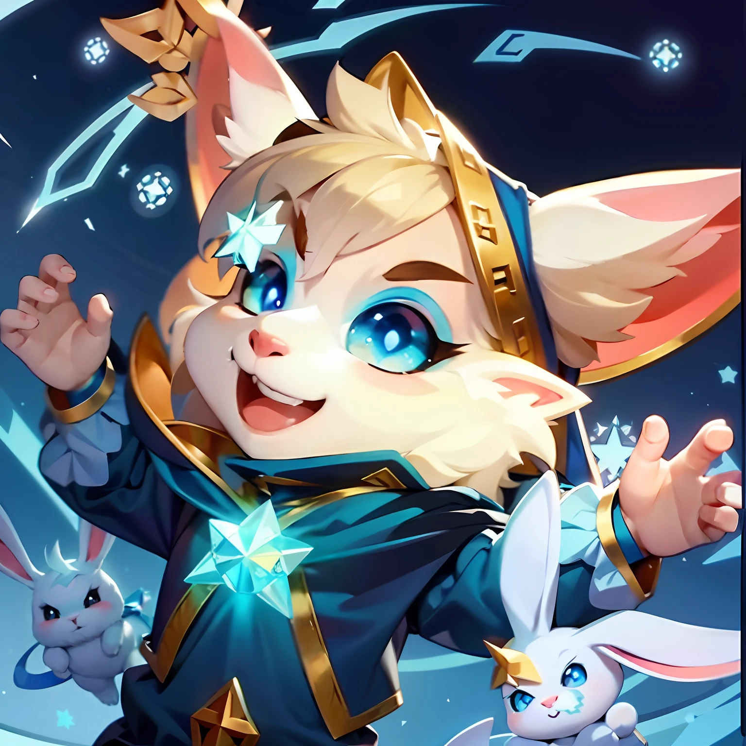 A cute mage rabbit,Has light blue eyes,Wear a mage uniform,He wears a six-pointed star crystal on his chest,Surrounded by pet rabbits
