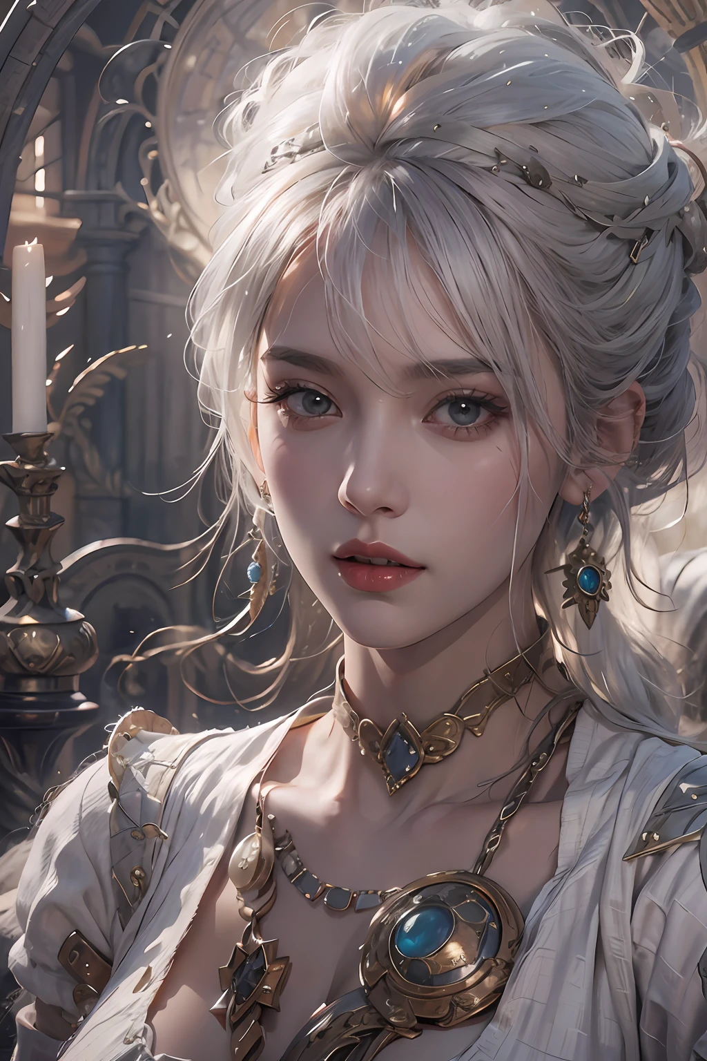 photorealistic, high resolution, 1women, solo, hips up, look at viewer, (detailed face), white hair, sorcerer, dark souls style, fighting with boss, jewelry