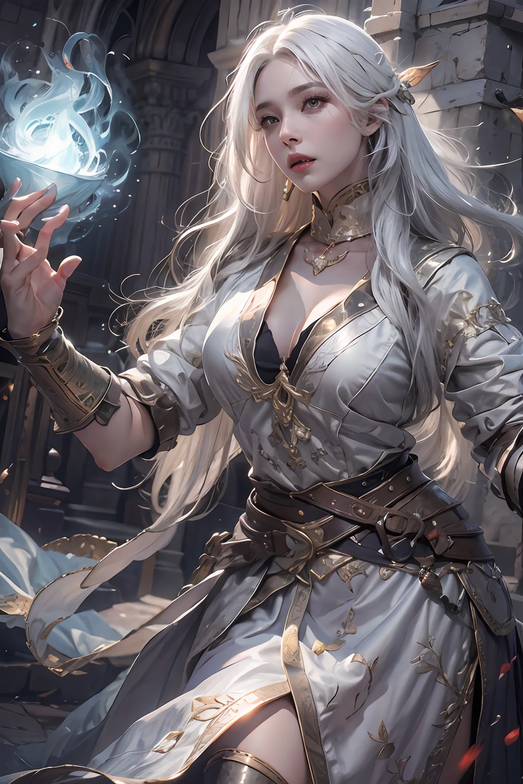 photorealistic, high resolution, 1women, solo, hips up, look at viewer, (detailed face), white hair, sorcerer, dark souls style, fighting with boss, jewelry