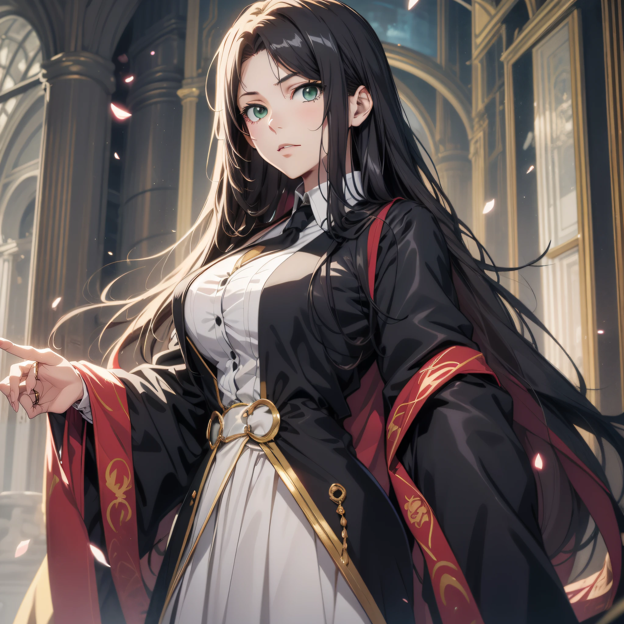  Anime girl, long raven hair, slightly wavy hair, parted bangs, Magus, green eyes, long black coat, white shirt, black skirt, aristocrat, noble attire, beautiful, ethereal, classic, royal building