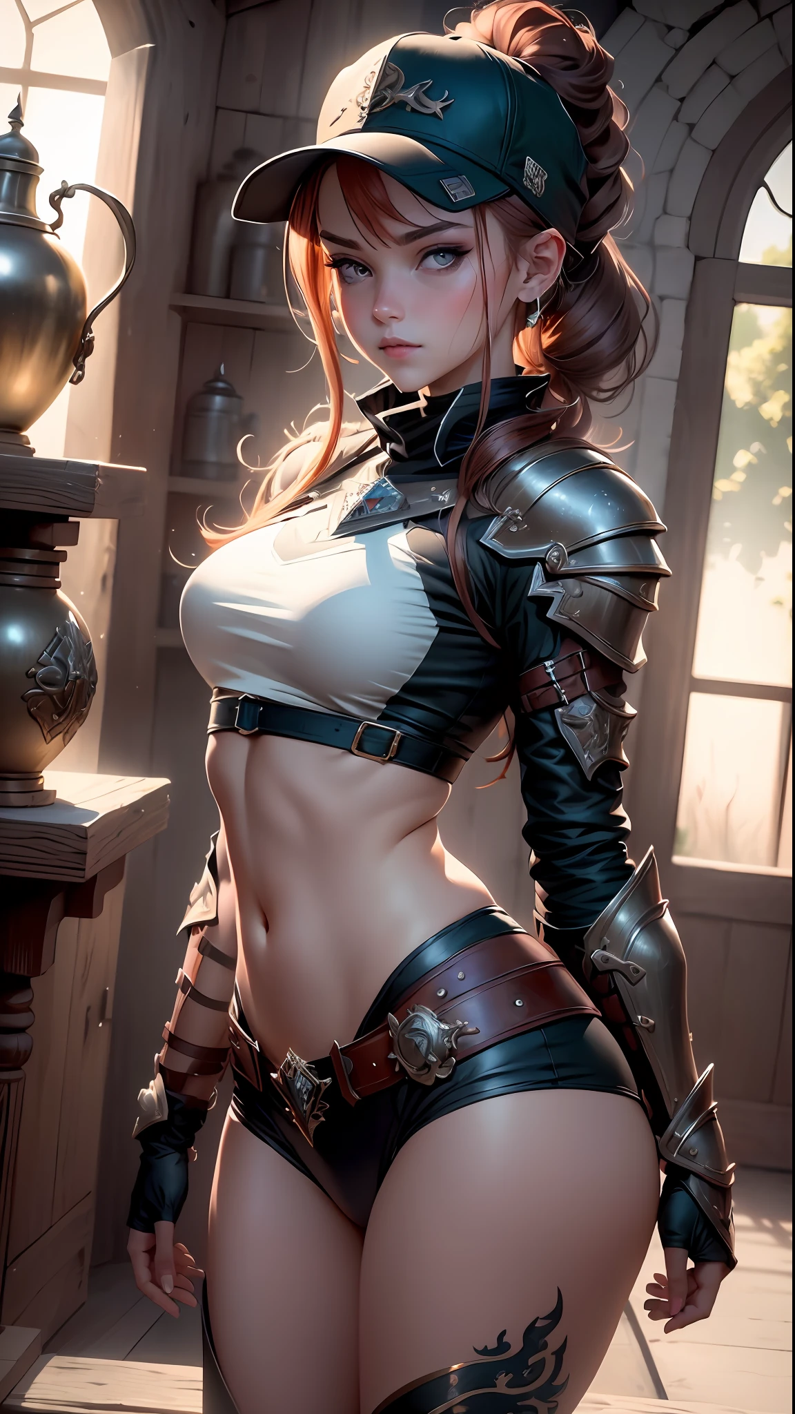 (8k, RAW photo:1.2),best quality, ultra high res,dramatic angle, masterpiece, best quality, extremely detailed CG unity 8k wallpaper,masterpiece, best quality, ultra-detailed) perfect face, oil, girl, slender, small breasts, blush , ((Black Ballcap)) Ponytail that comes out of back of Ballcap , auburn hair, Knight, Platemail, midriff dragon tattoo