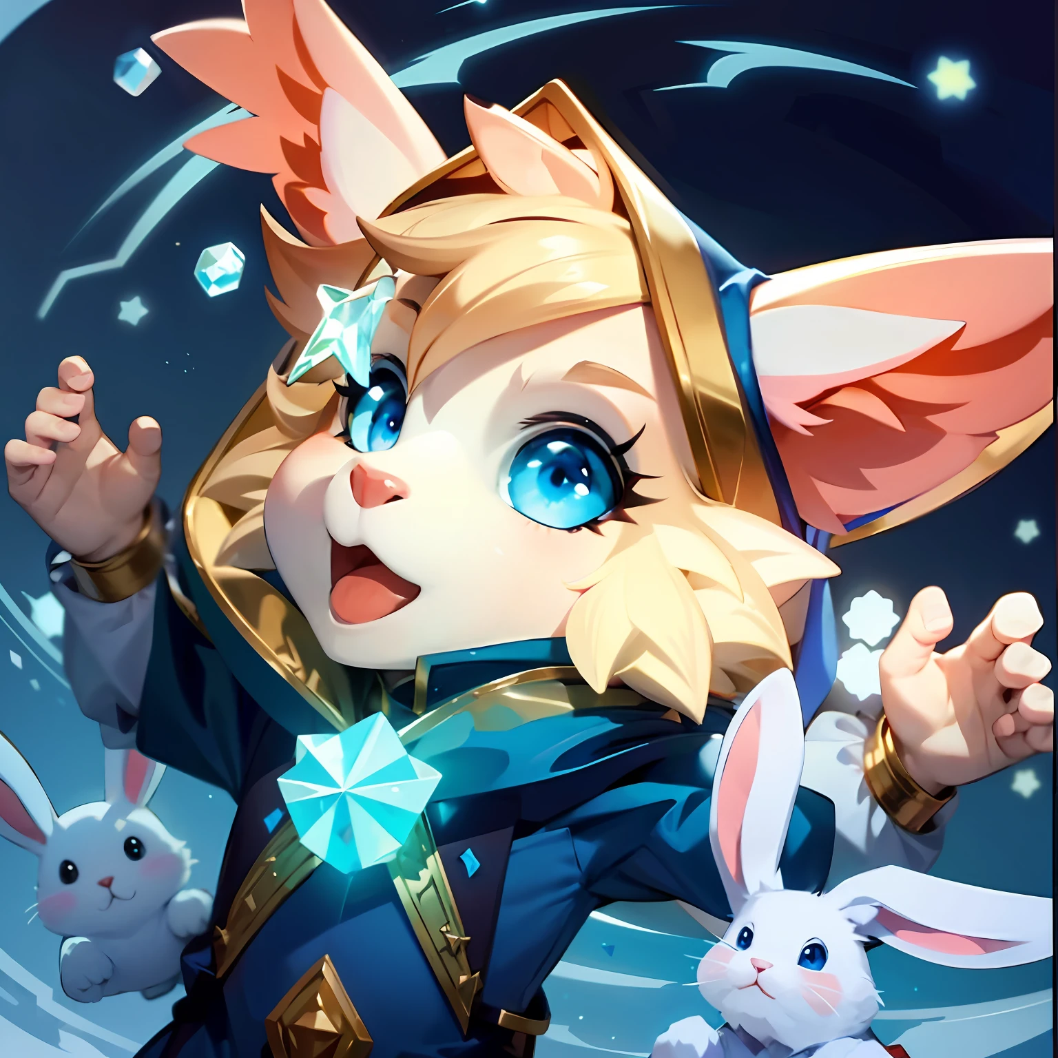 A cute mage rabbit,Has light blue eyes,Wear a mage uniform,He wears a six-pointed star crystal on his chest,Surrounded by pet rabbits
