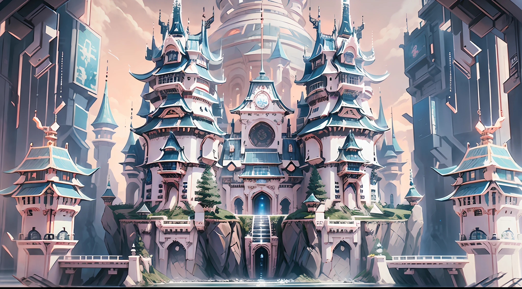 (A castle is suspended in the air:1.3),cyber punk,chinesestyle,in a panoramic view,(high qulity,high detal,number art,Perfect artwork,3D,8K),(white backgrounid:1.5)