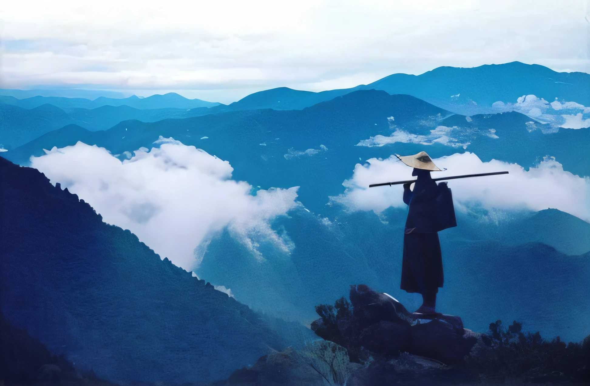 （high high quality），Araved man in a straw hat and a stick on the hill, a wanderer on a mountain, Wuxia, author：Shang Xi, dojo on a mountain, author：Sheng Maoye, In the middle of the mountains, author：Jiang Tingxi, author：Yang Weizhen, author：Cheng Jiasui, in the middle of nature, japan mountains, breathtaking shot