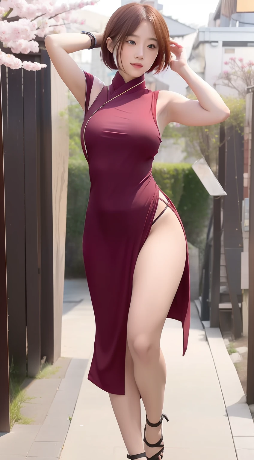 Sakura uchiha. A woman was walking in the yard. He wore a ginger-colored kimono with a cleavage on his left thigh. And black helles. His hands rise and feel at the back of his head. Her short hair was graceful pink. His shirt looked tight making the curves clear. Her breasts copied to look so big and round. He looked at the camera. She looks so hot and realistic