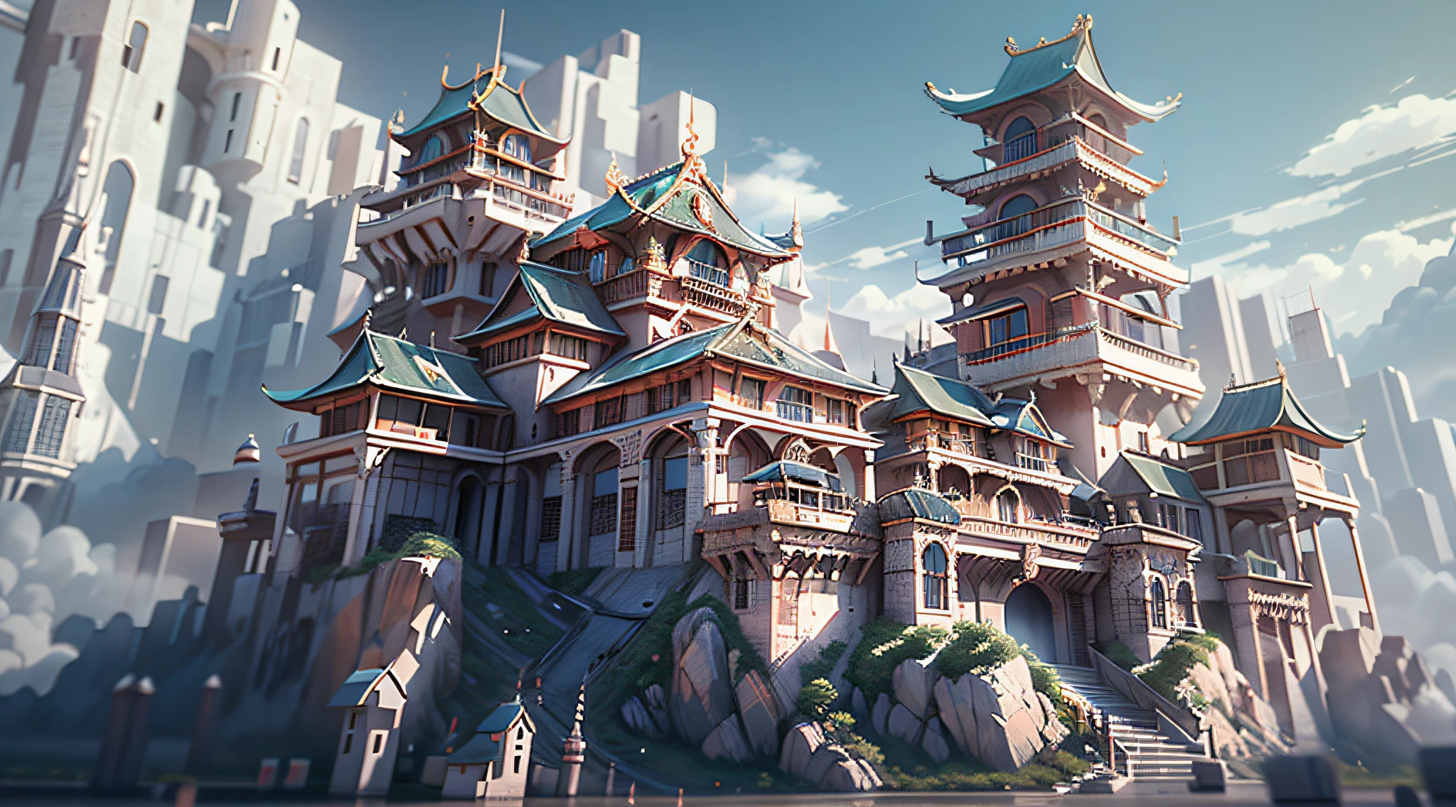 (A castle is suspended in the air:1.3),cyber punk,chinesestyle,in a panoramic view,(high qulity,high detal,number art,Perfect artwork,3D,8K),(white backgrounid:1.5)