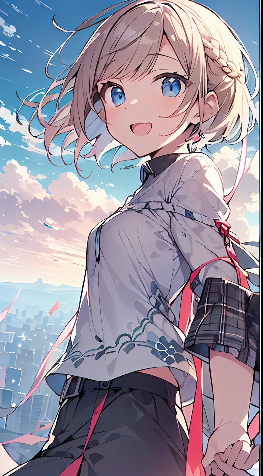 masutepiece, Best Quality,Illustration, Wallpaper, Ultra Detail, absurderes, 1little girl、 Solo, (Medium short hair、short braided hair), Beautiful ultra-detailed eyes , Hair fluttering in the wind、XD、 Beautiful sky、(a panoramic view:1.5)
