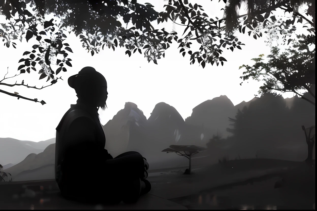 A black-and-white photograph of a man sitting on a rock, Daoism, monk meditation, inspired by Li Shixing, inspired by Li Zai, inspired by Li Shan, Contemplative, very peaceful mood, inspired by Lu Zhi, in the middle of nature, inspired by Fu Baoshi, contemplative, inspired by Xiang Shengmo, Meditation