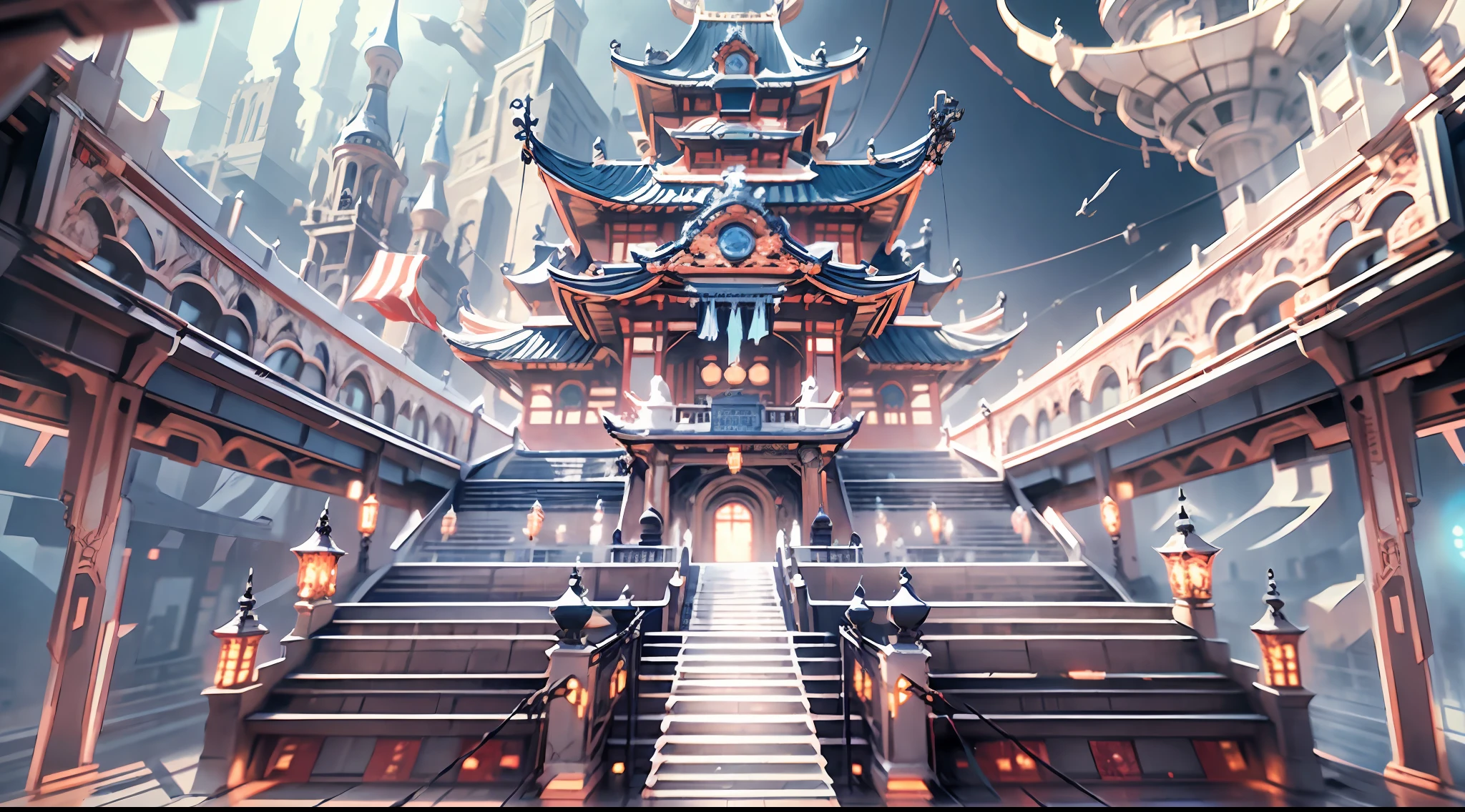 (A castle is suspended in the air:1.3),cyber punk,chinesestyle,in a panoramic view,(high qulity,high detal,number art,Perfect artwork,3D,8K),(white backgrounid:1.5)