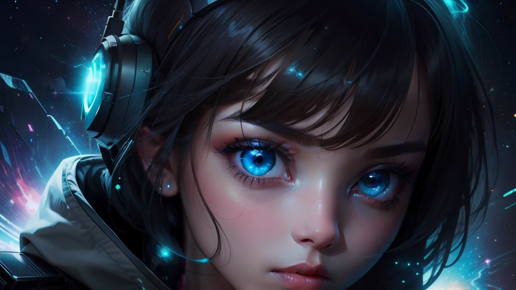 girl,radioactive glow,abstract art,character focus,eyes with reflection,starry sky,galaxies
