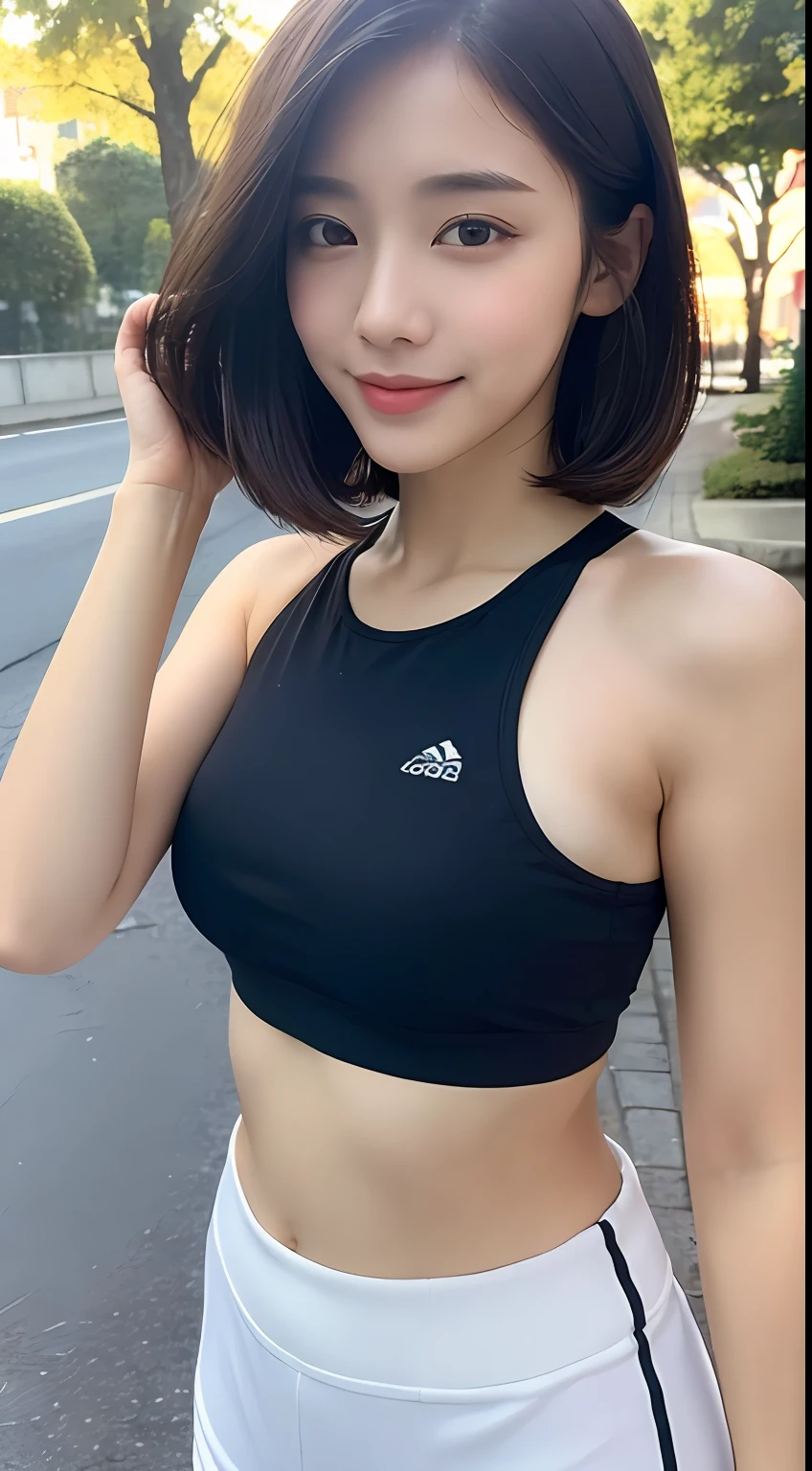 ((Top Quality, 8k, Masterpiece: 1.3)), Sharp Focus: 1.2, Perfect Body Shape Pretty Woman: 1.4, Slender Abs: 1.2, (Layered Haircut, Big: 1.8), (Sports Bra: 2.0), (Jogging: 1.8), (Street: 1.2), Highly Detailed Face and Skin Texture, Detailed Eyes, Double Eyelids, Smile, Bokeh,