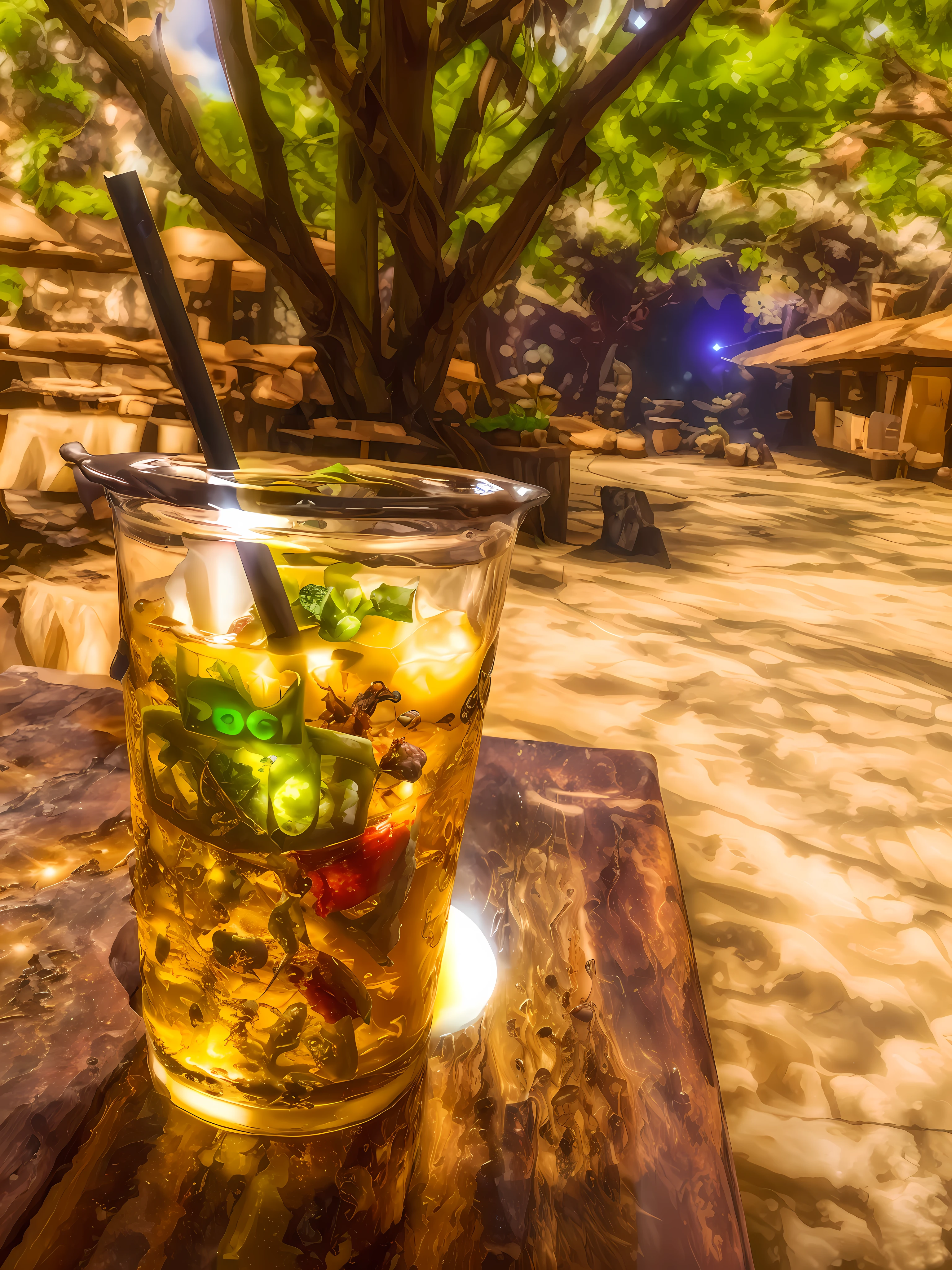 Alien Infusion Beverage, out-of-this-world drink, alien elixir, extracts, rare extraterrestrial plants, infused ionized energy, distant nebula, served in a glowing glass vessel, HDR, foodphoto