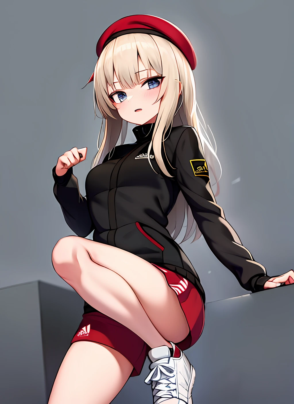 1girl,solo,beret,adidas,gopnik, legs apart,ruins background,cowboy shot,