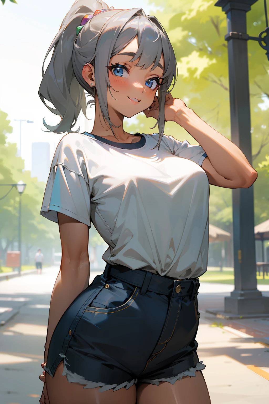 (masterpiece, best quality), intricate details, 8k, sharp focus, (bokeh) (best quality) (detailed skin:1.3) (intricate details) (8k) (detailed eyes) (anime) grey hair, dark gray hair, blue eyes, low ponytail, hair over shoulder, medium tan, genki, busty, fun, dynamic pose, summer, happy, smiling, modern, fashionable, chubby, pudgy, modern clothes, thighs up, casual fashion, light colours, comfortable, relaxed, T-shirt, shorts, plus size