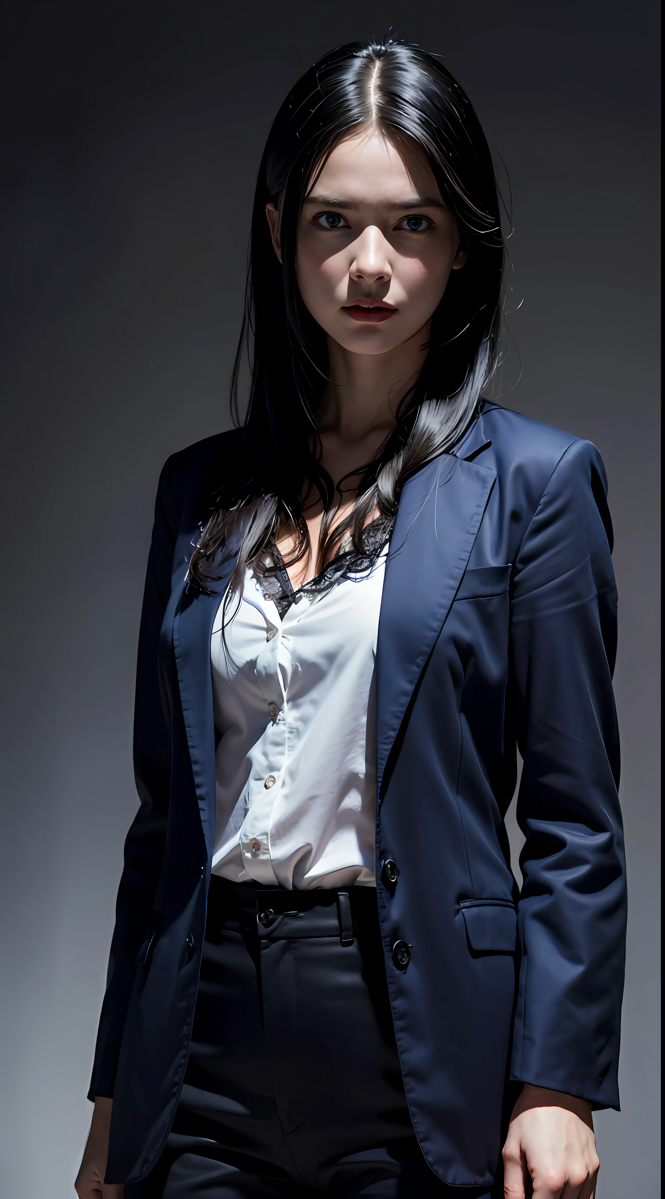 Best quality, masterpiece, ultra high res, (photorealistic:1.4), raw photo, 1girl, black hair, blue eyes,  detailed eyes and face, red suit, dynamic lighting, in the dark, deep shadow, low key, cowboy shot, full-lenght body