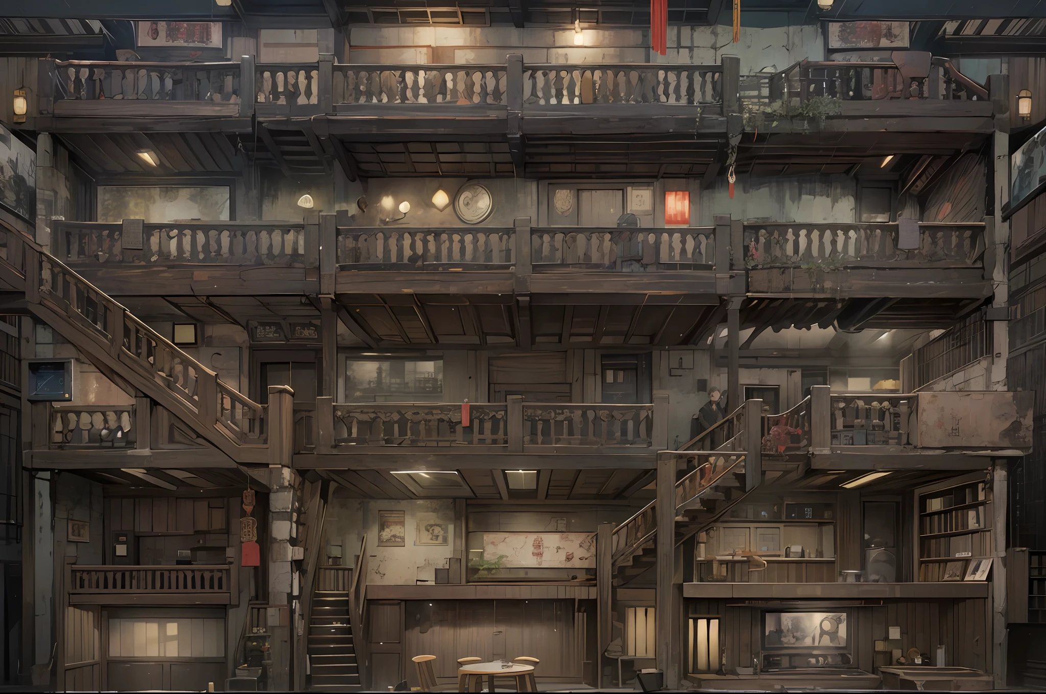 profile view（Interior of a four-story building）、Multiple rooms are neatly arranged，Chinese horror style（Runaway horror），（Conceptual digital art，The is very detailed，reasonable design，Clear lines，k hd，The best quality，tmasterpiece，超高分辨率，4K）