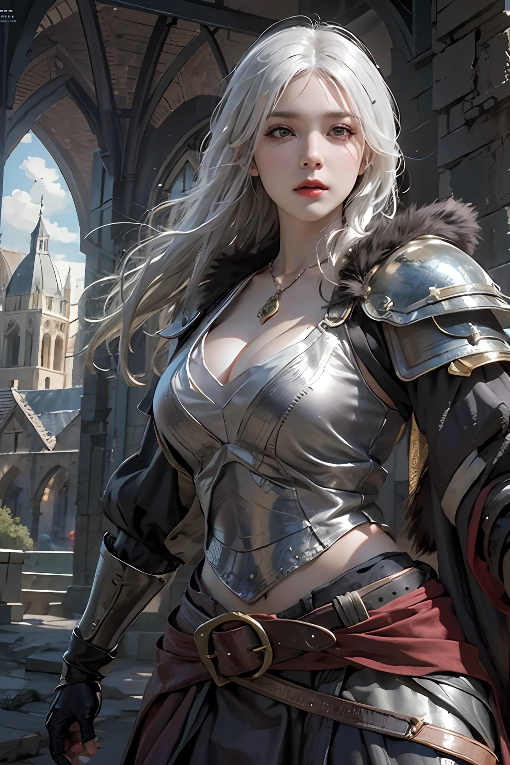 photorealistic, high resolution, 1women, solo, hips up, look at viewer, (detailed face), white hair, medieval armor, dark souls style, fighting with boss, jewelry