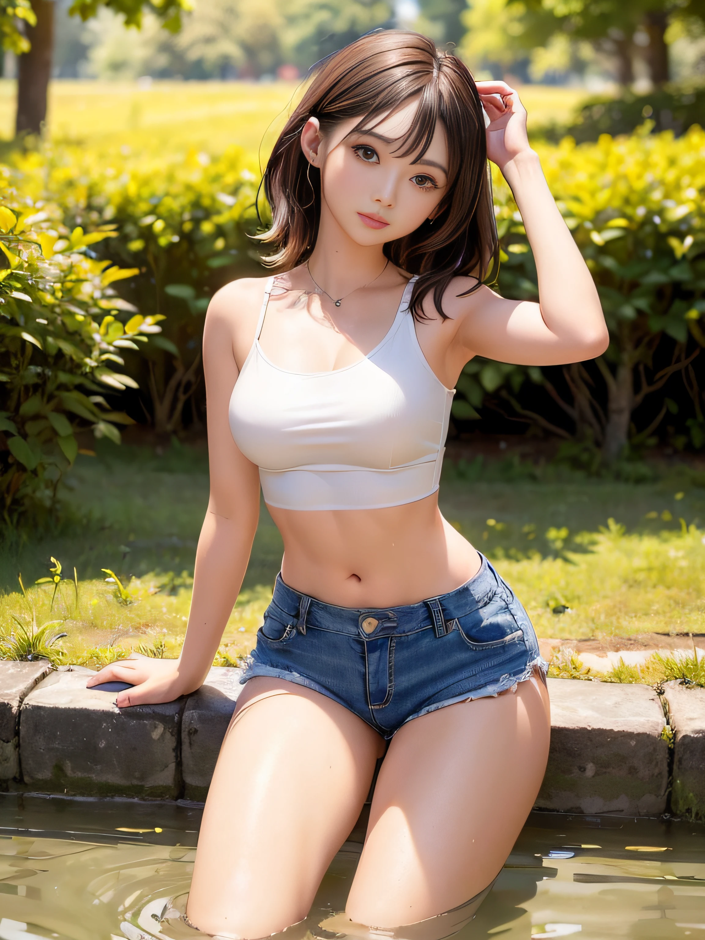 ((Big breasts))), ((Tomboy, small head)), Sunlight, Sunlight, (Carved Abs: 1.1), (Perfect body: 1.1), (Short wavy hair: 1.2), Reddish brown hair, collar, chain, full body shot, crowded street, black tank top, denim jacket, (((Shorts)), river, stream, in nature, ankles immersed, playing in the water, (Highly detailed CG 8k wallpaper), (Very delicate and beautiful), (Masterpiece),  (Best Quality: 1.0), (Ultra High Definition: 1.0), beautiful lighting, perfect lighting, realistic shadows, [high definition], detailed skin, super detail