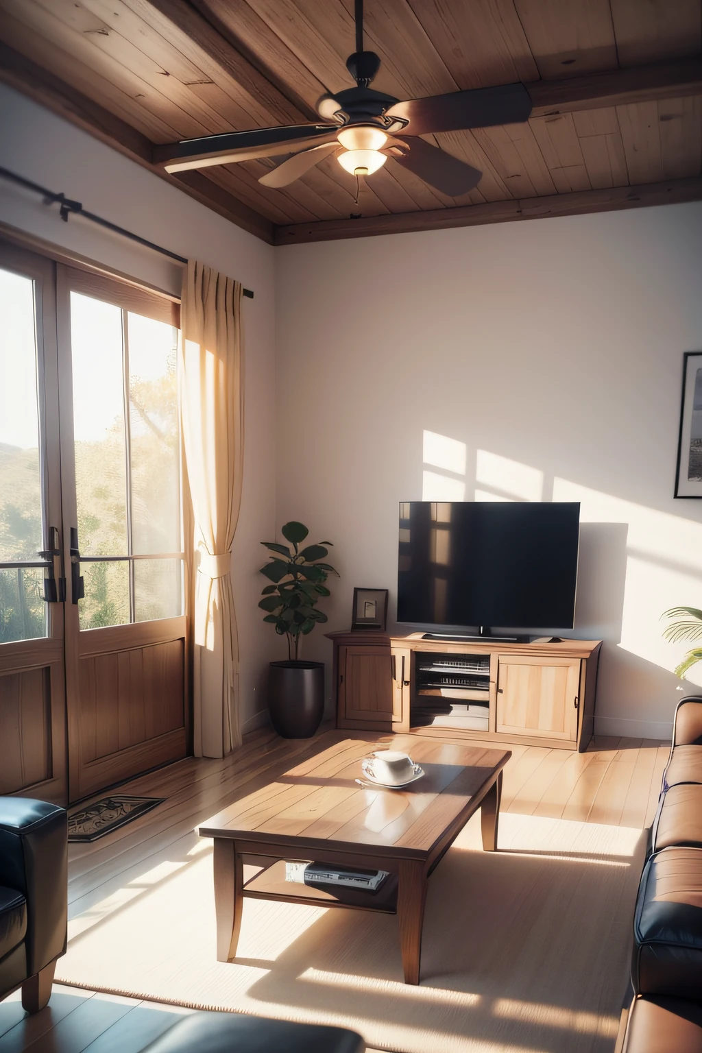 Indoor atmosphere simple decoration,There was a fireplace,tv set、Sofa coffee table, best qualtiy,Simple atmosphere, ultra - detailed, 超高分辨率,Indoor HD rendering(Positive perspective)