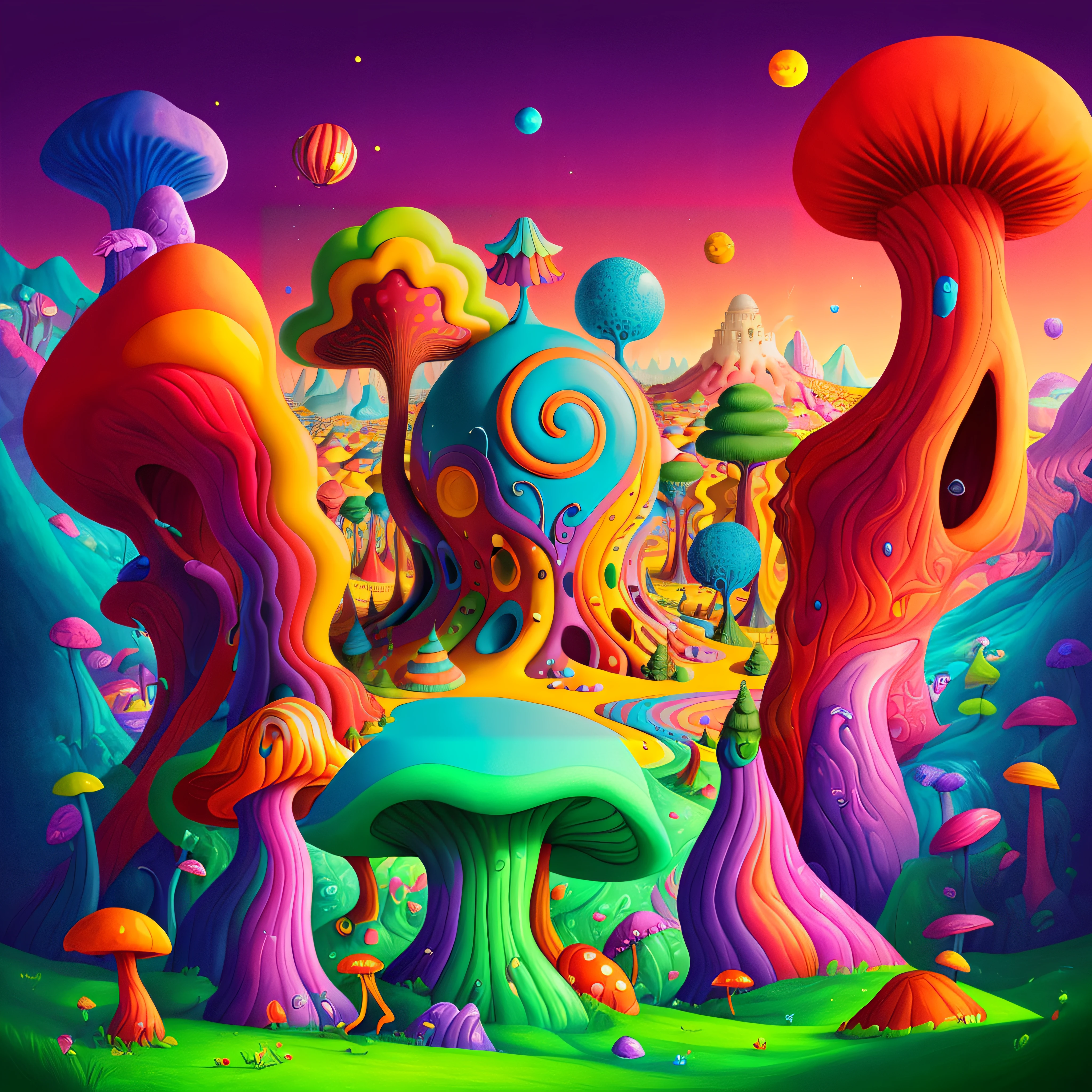 Brightly colored digital art of a fantasy land with a giant mushroom, Psychedelic landscape, Colorful illustration, whimsical fantasy landscape art, surreal psychedelic design, psychedelic illustration, Bosque de dulces, Surrealist alien kingdom, whimsical and psychedelic, psychedelic surreal art, Arte de dibujos animados vibrante, a surreal dream landscape, psychedelic art style, Arte conceptual colorido, Colores surrealistas, Surreal dreamscape, Ilustraciones coloridas