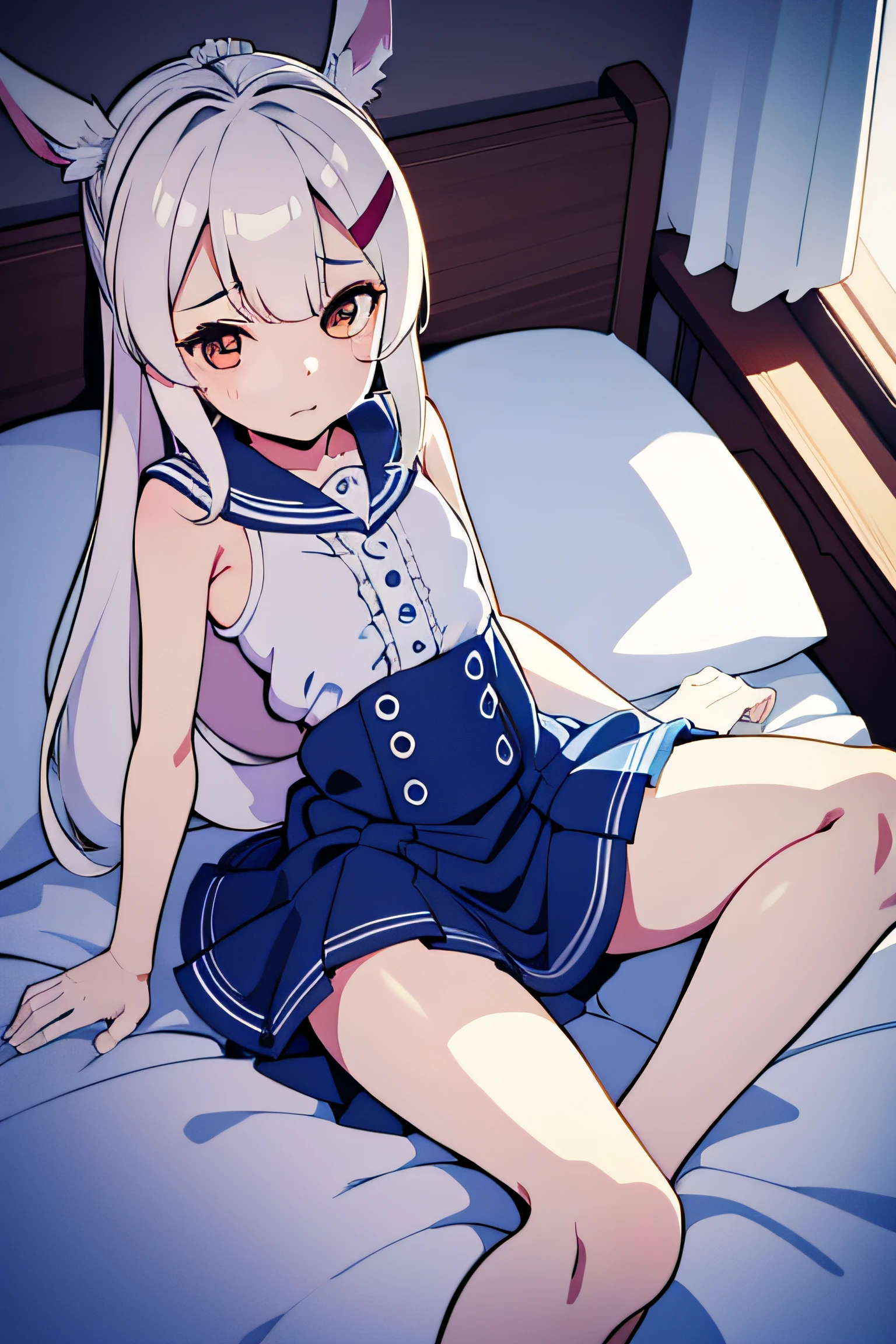 1girl, Small Loli, cabello rubio, ombligo visible, Cola de caballo, Ropa interior blanca, ropa interior abajo, Small blue skirt, trasero visible, en la cama