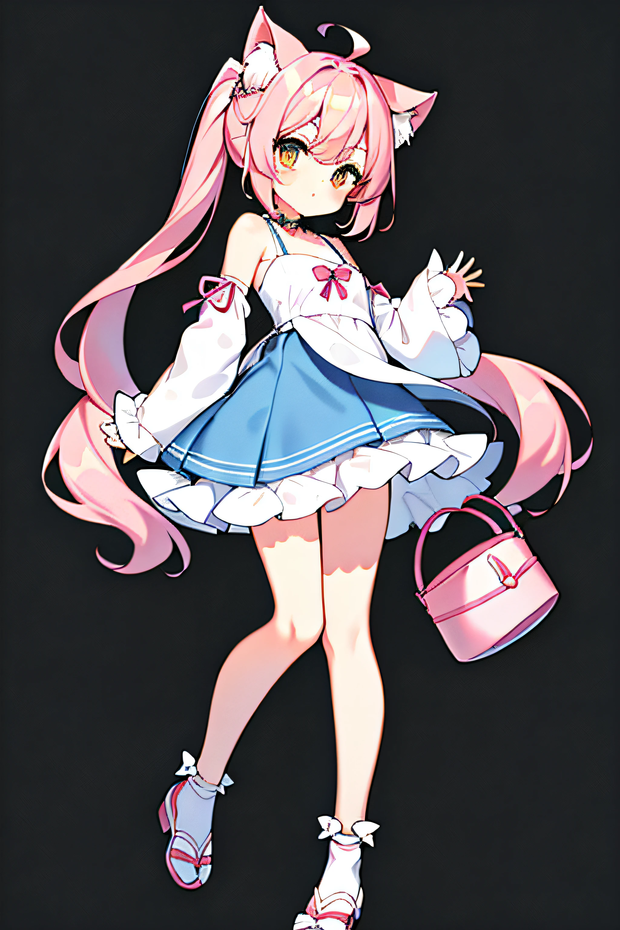Chattotori， 1girll， pink sleeve， 独奏，Cat ears， Long ponytail，Gorgeous cake dress， full bodyesbian，adolable， a skirt， looking at viewert， shift dresses， exposed bare shoulders， Bare legs， Beautiful detailed eyes， Be red in the face， standing on your feet， 鎖骨， No shoulder strap， bucket-hat， Footwear， leges， frilld， flatchest， short  skirt， Bow knot， longer sleeves， arms at sides， beatiful background，